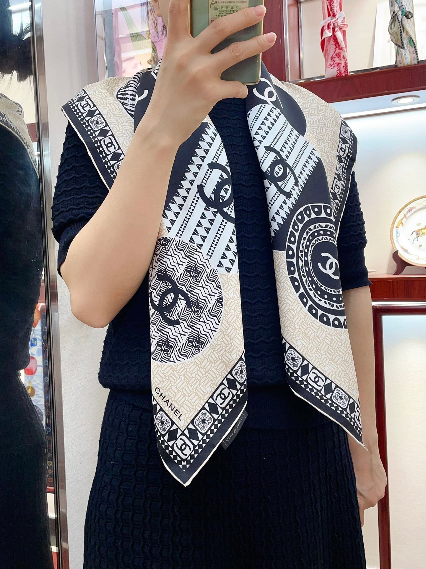CC Square Scarf 90 CM In Beige Multi-Pattern Silk Twill 231847