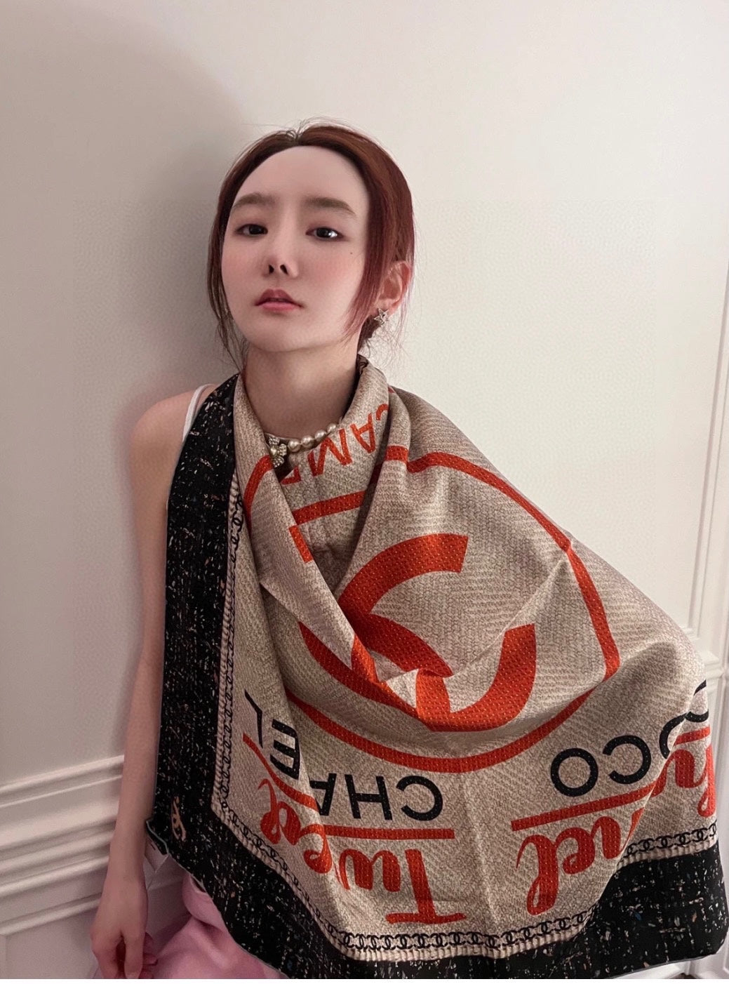 CC Square Scarf 90 CM In Black Mix Light Beige Red Cashmere Silk 172077