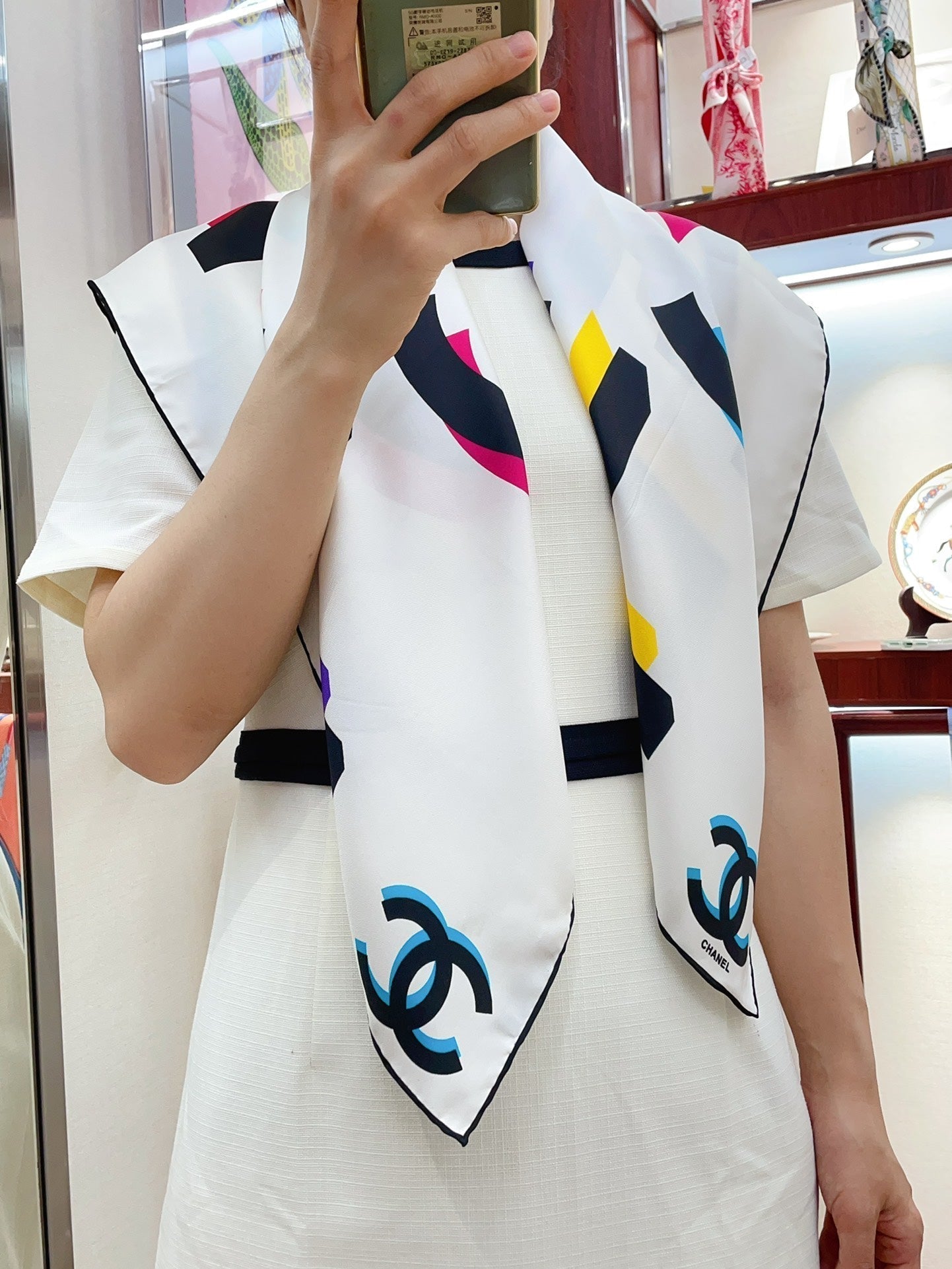 CC Square Scarf 90 CM In White Colorful Silk Twill  206467