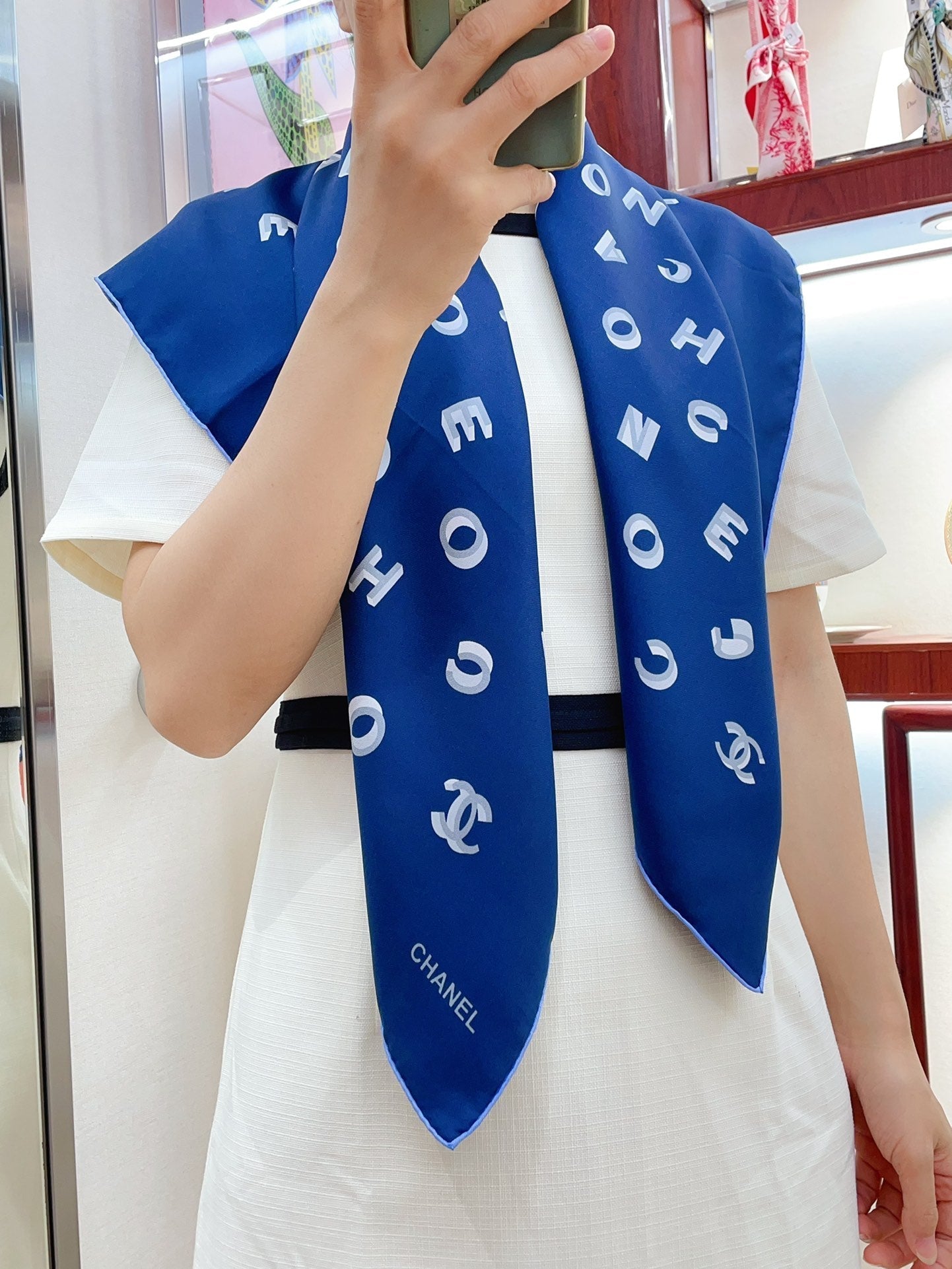 CC Square Scarf 90 CM In Blue With Printed Letters Silk Twill  208581