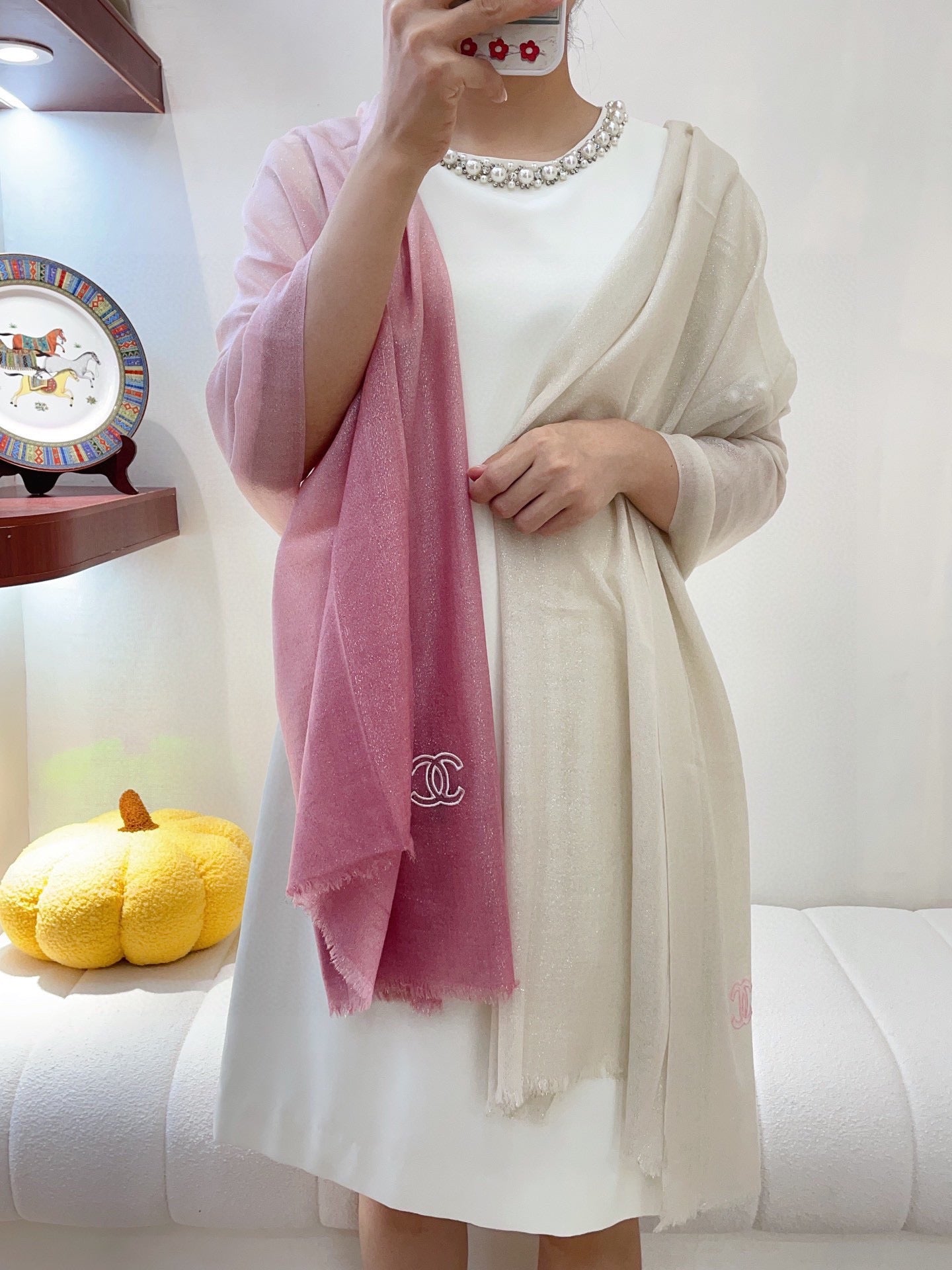 CC Scarf 200 CM In Light Pink Mix White Linen Fabric 249938