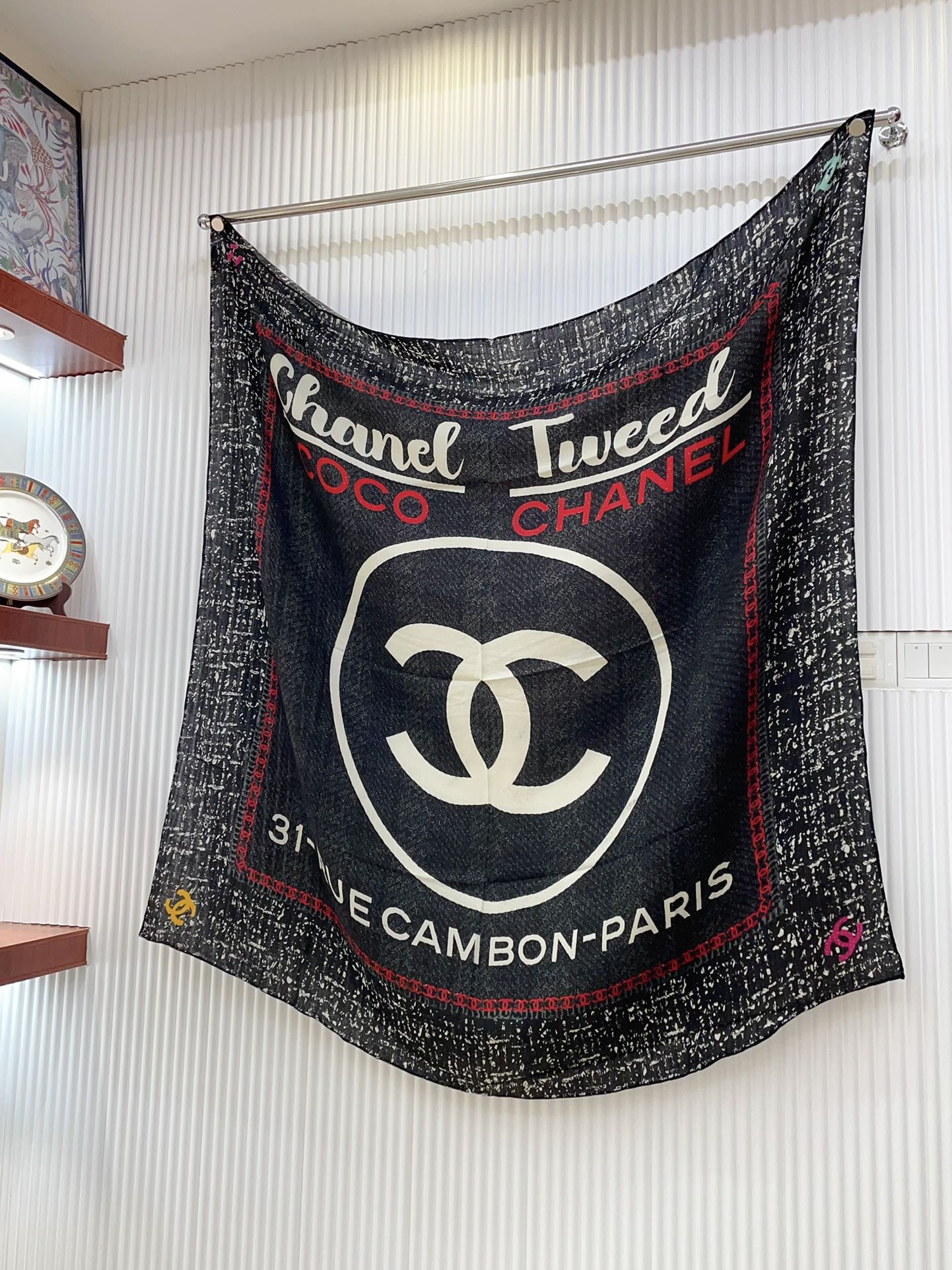 CC Square Scarf 140 CM In Black Mix White Red Cashmere Silk 252308