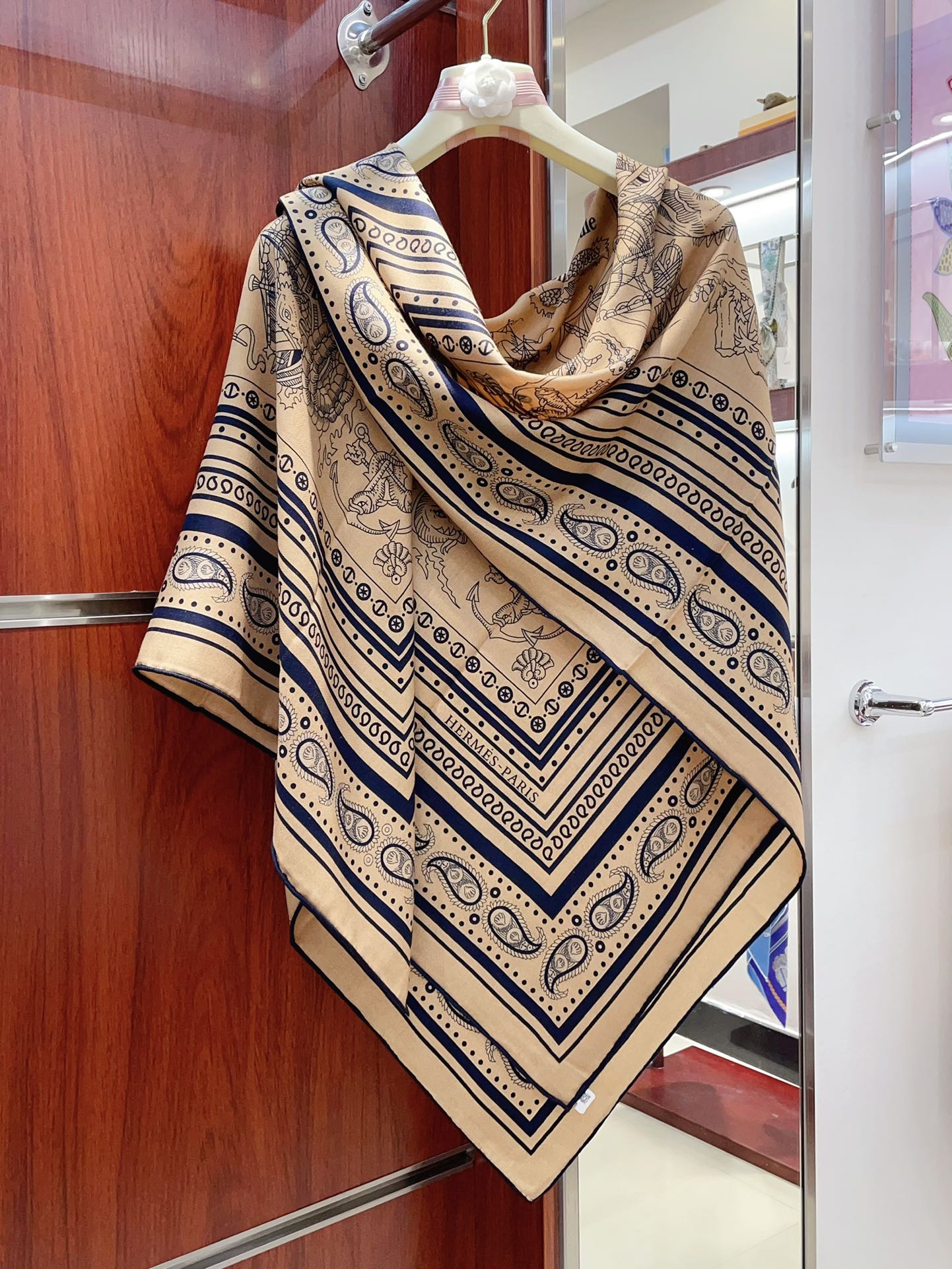 Tatouages Marins Bandana Shawl 135 CM In Dark Beige Colorful Cashmere And Silk 252314