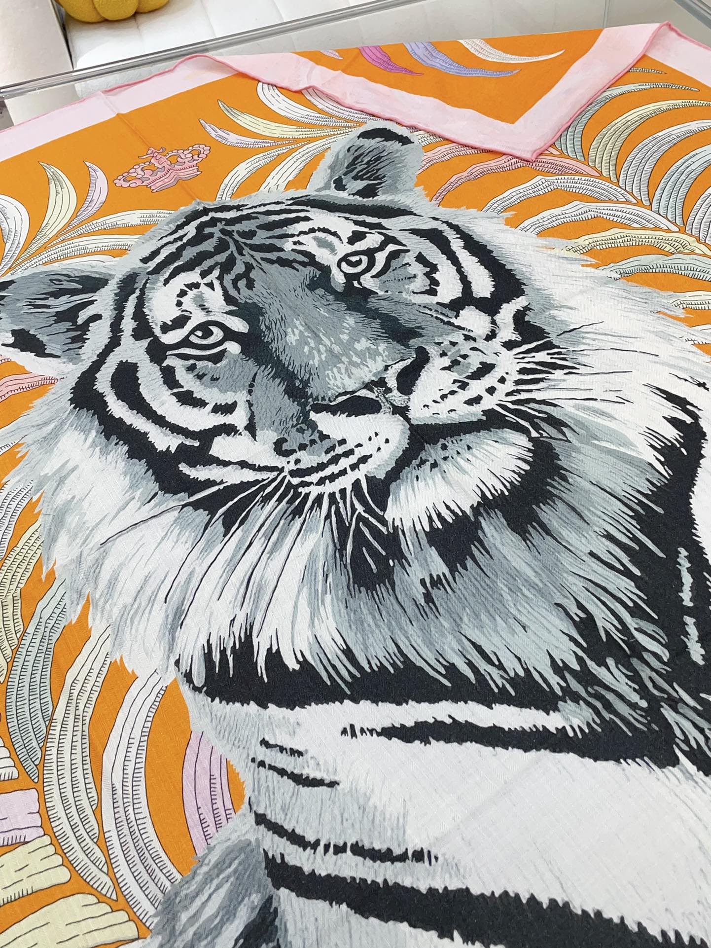 Tigre Royal Double Face Scarf 140 CM In Orange Colorful Cashmere And Silk 254646