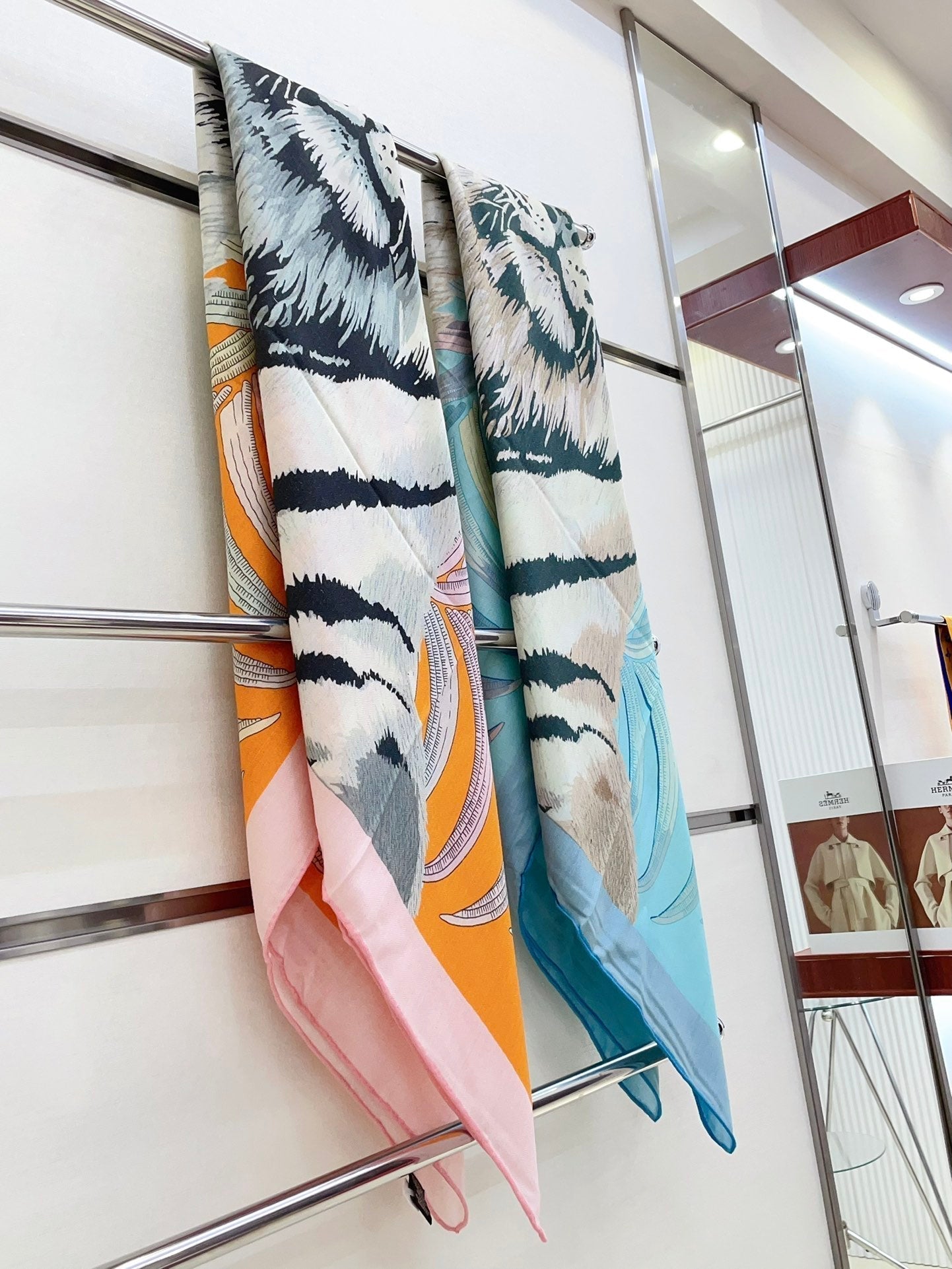 Tigre Royal Double Face Scarf 140 CM In Orange Colorful Cashmere And Silk 254646
