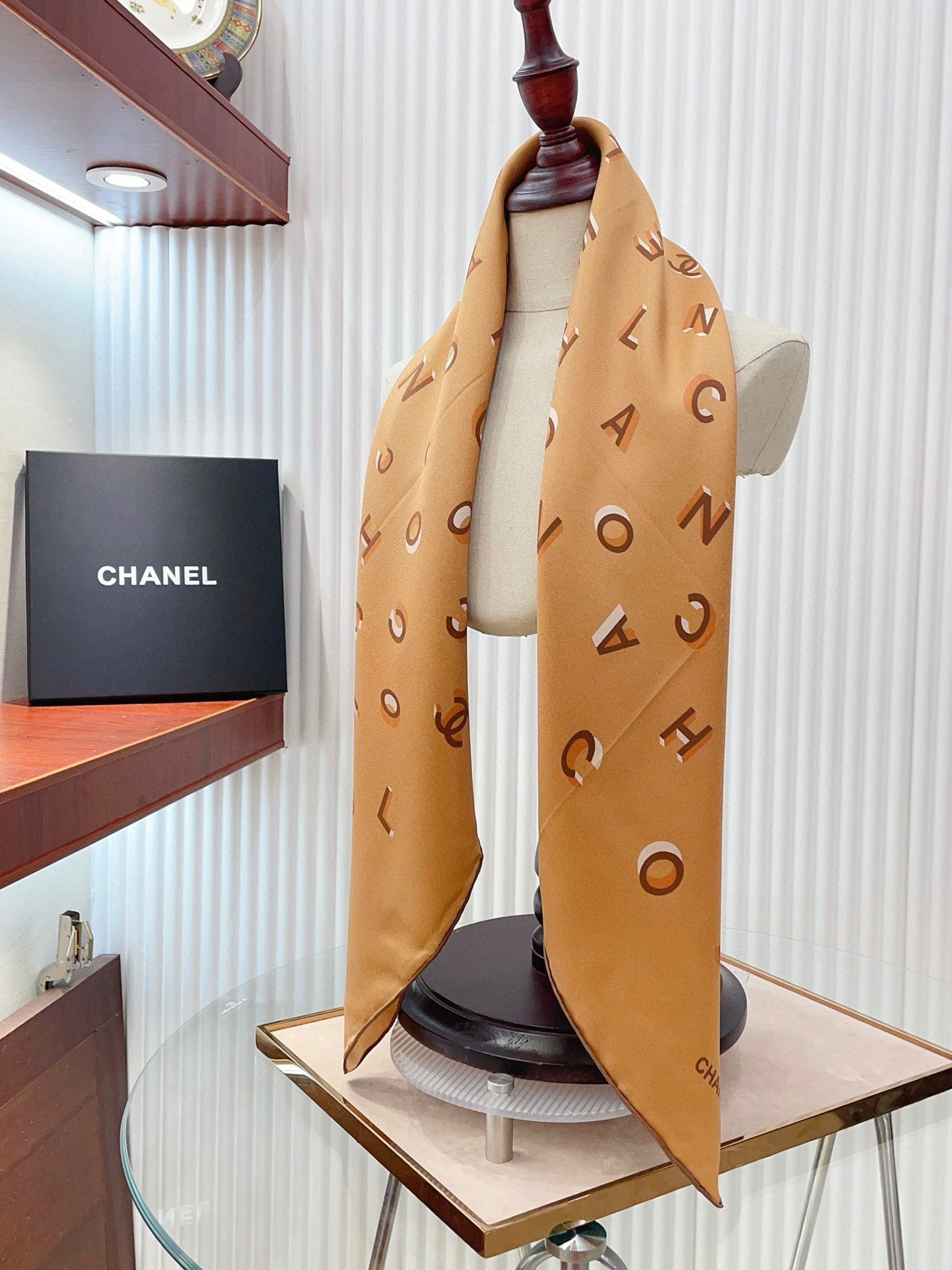 CC Square Scarf 90 CM In Dark Beige With Printed Letters Silk Twill 300436