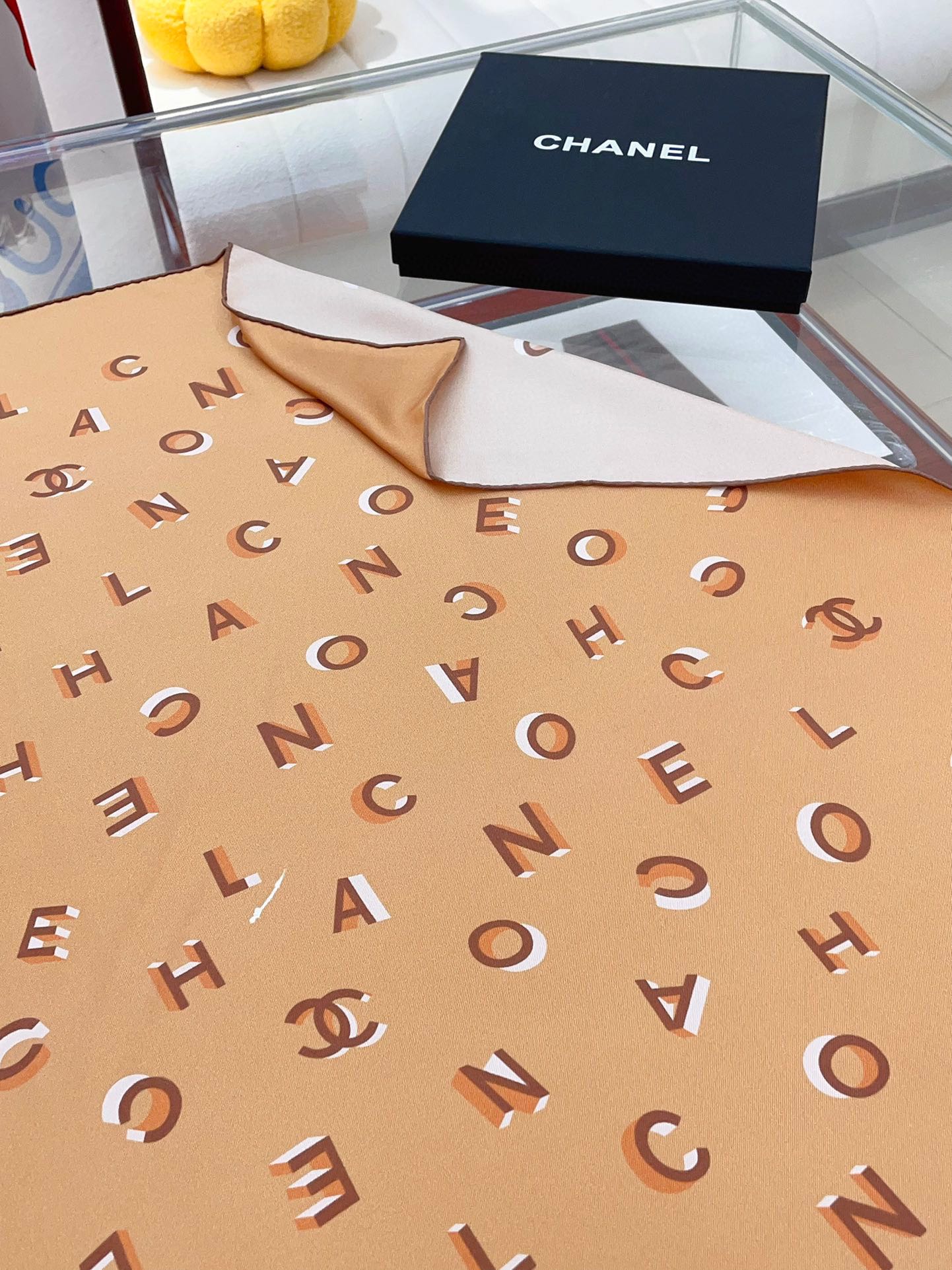 CC Square Scarf 90 CM In Dark Beige With Printed Letters Silk Twill 300436