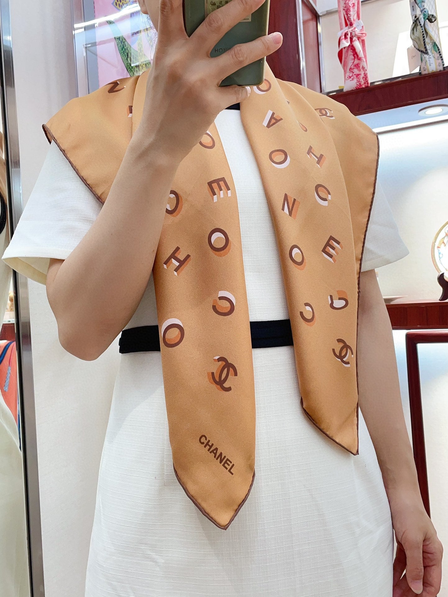 CC Square Scarf 90 CM In Dark Beige With Printed Letters Silk Twill 300436