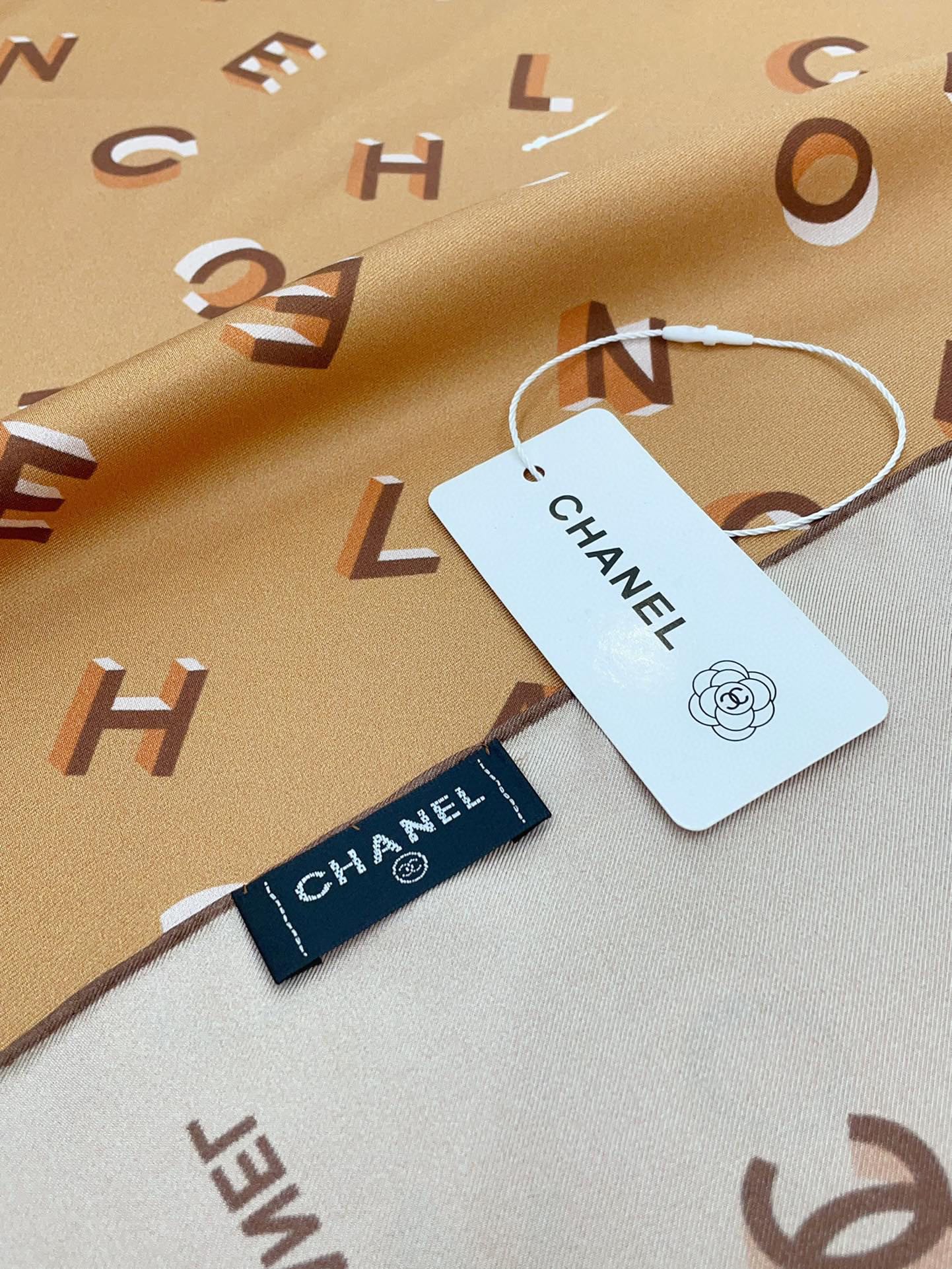 CC Square Scarf 90 CM In Dark Beige With Printed Letters Silk Twill 300436