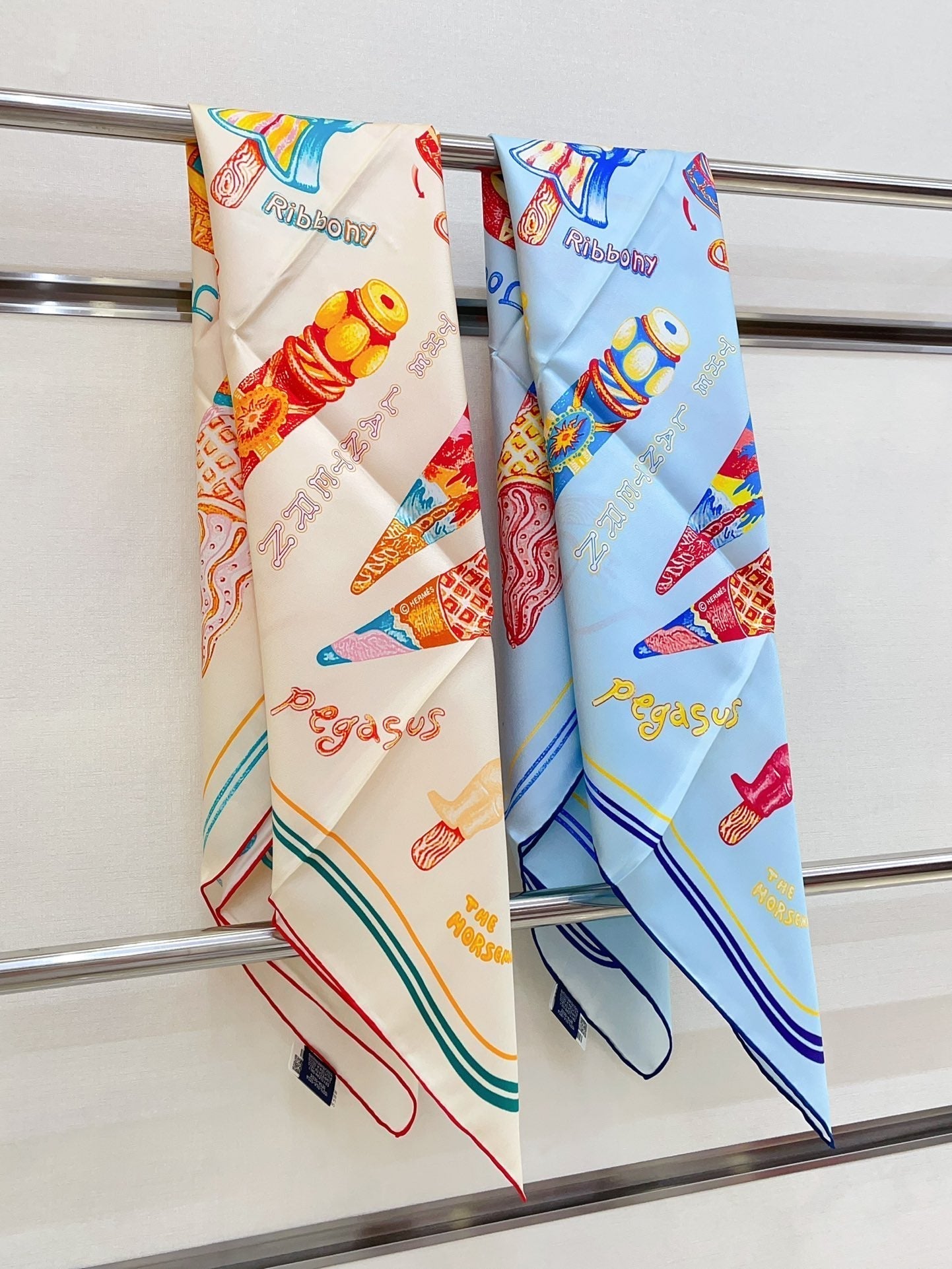 Funny Ice Cream Scarf 90 CM In White Colorful Silk Twill 300438