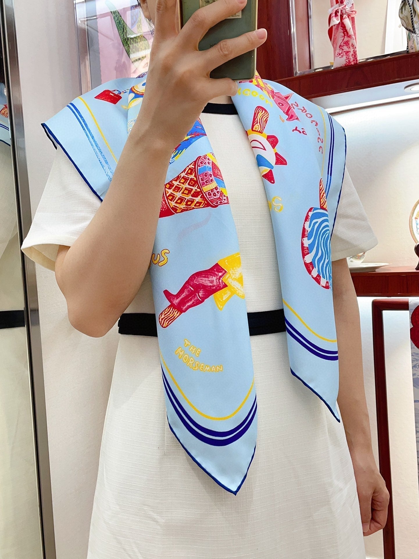 Funny Ice Cream Scarf 90 CM In Light Blue Colorful Silk Twill 300439