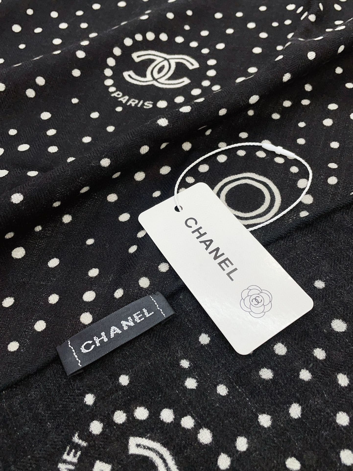 CC Square Scarf 140 CM In Black White Polka Dot Cashmere Silk 337147