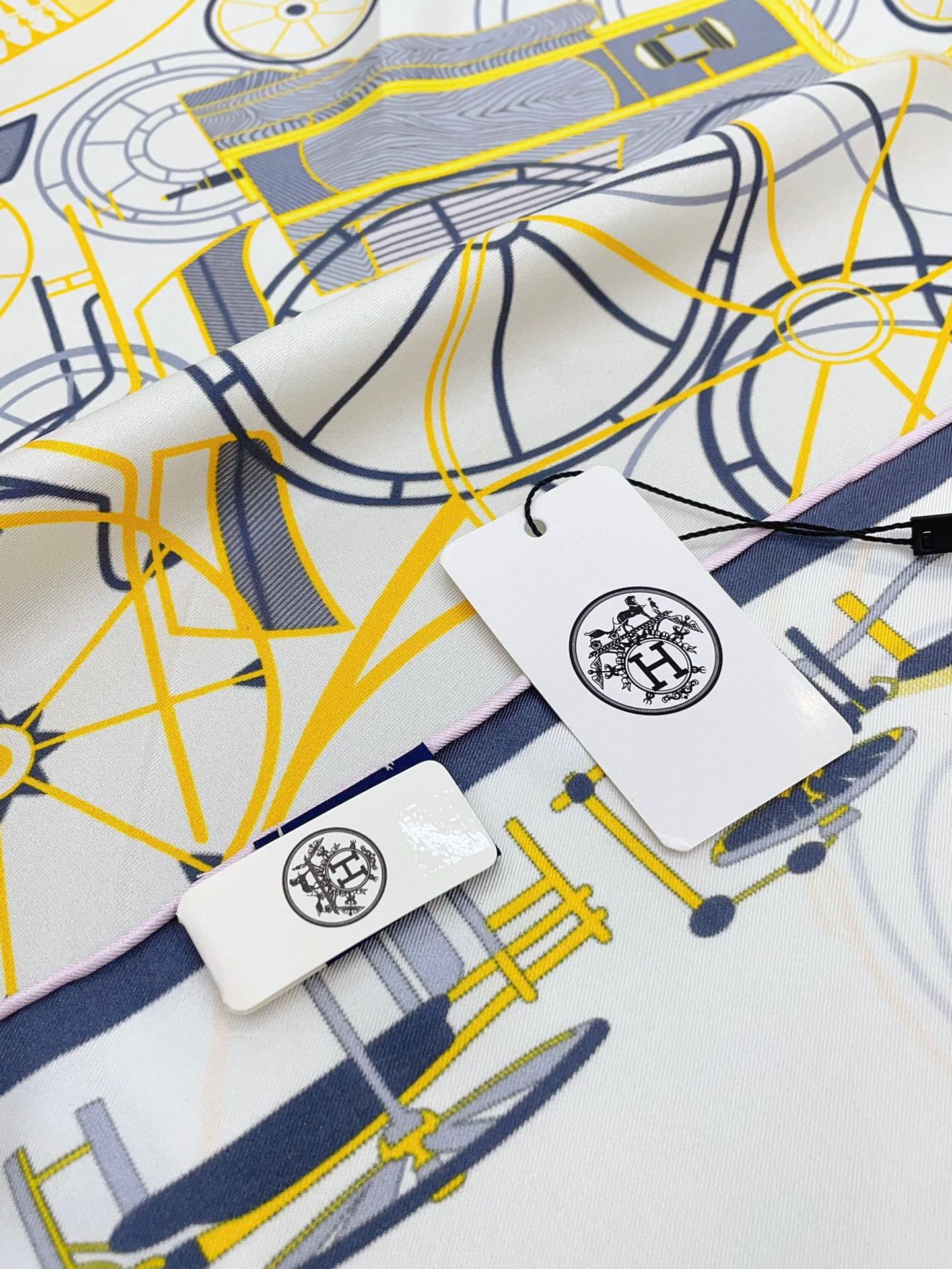 Complication Equestre Scarf 90 CM In White Yellow Coloful Silk Twill  345898