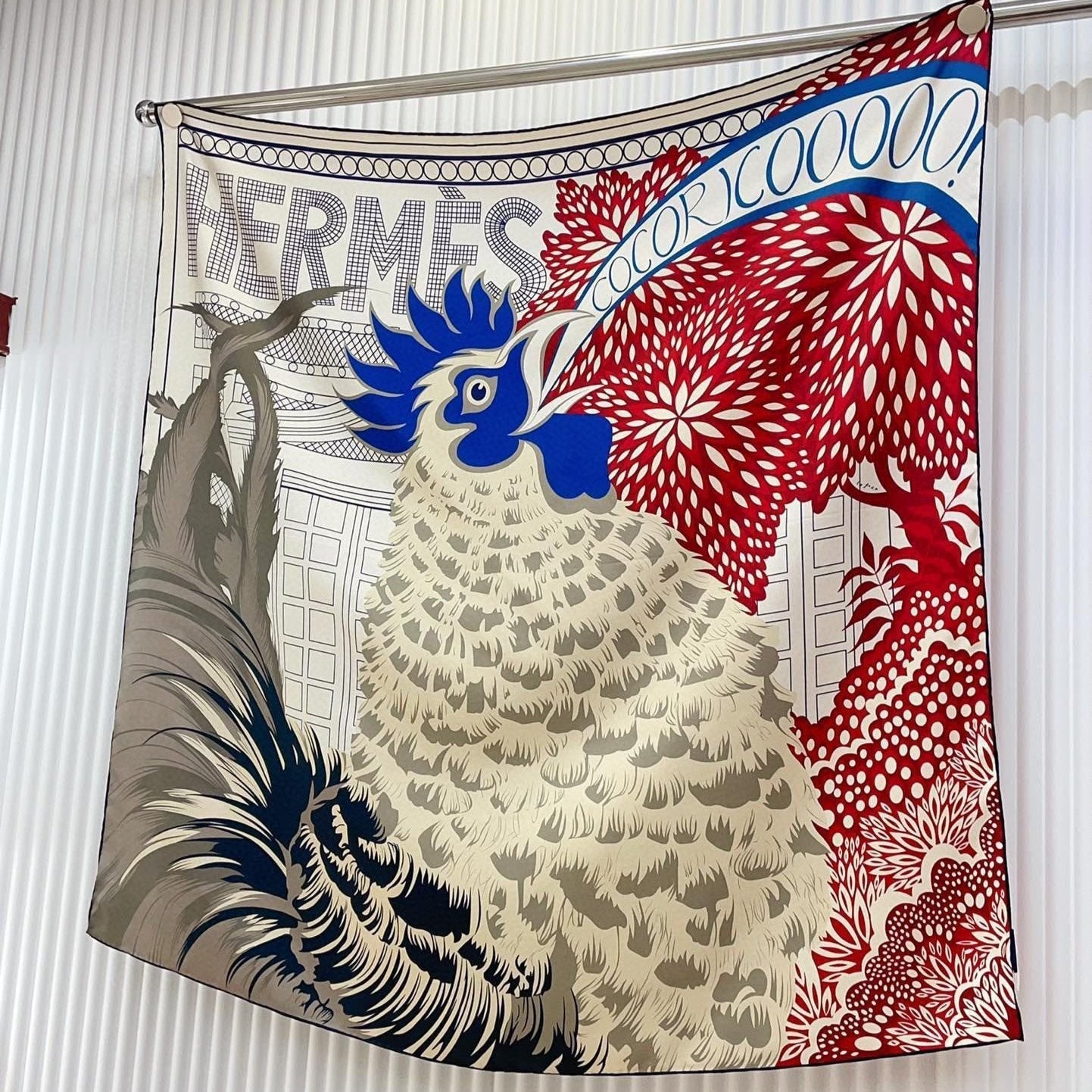Cocoricooooo! Scarf 90 CM In Red Blue Colorful Silk Twill 348776