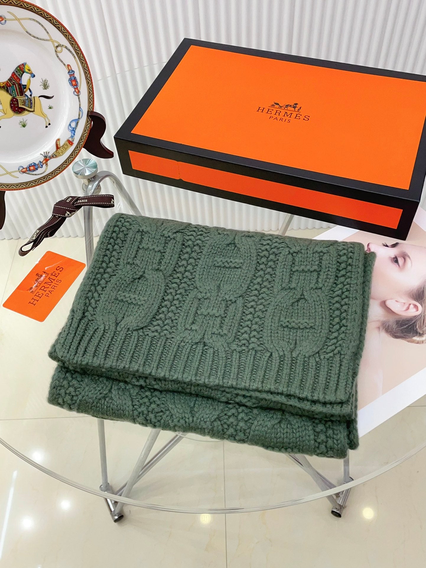 Faubourg Muffler Scarf 170 CM Khaki Green Cashmere Handwoven 356203