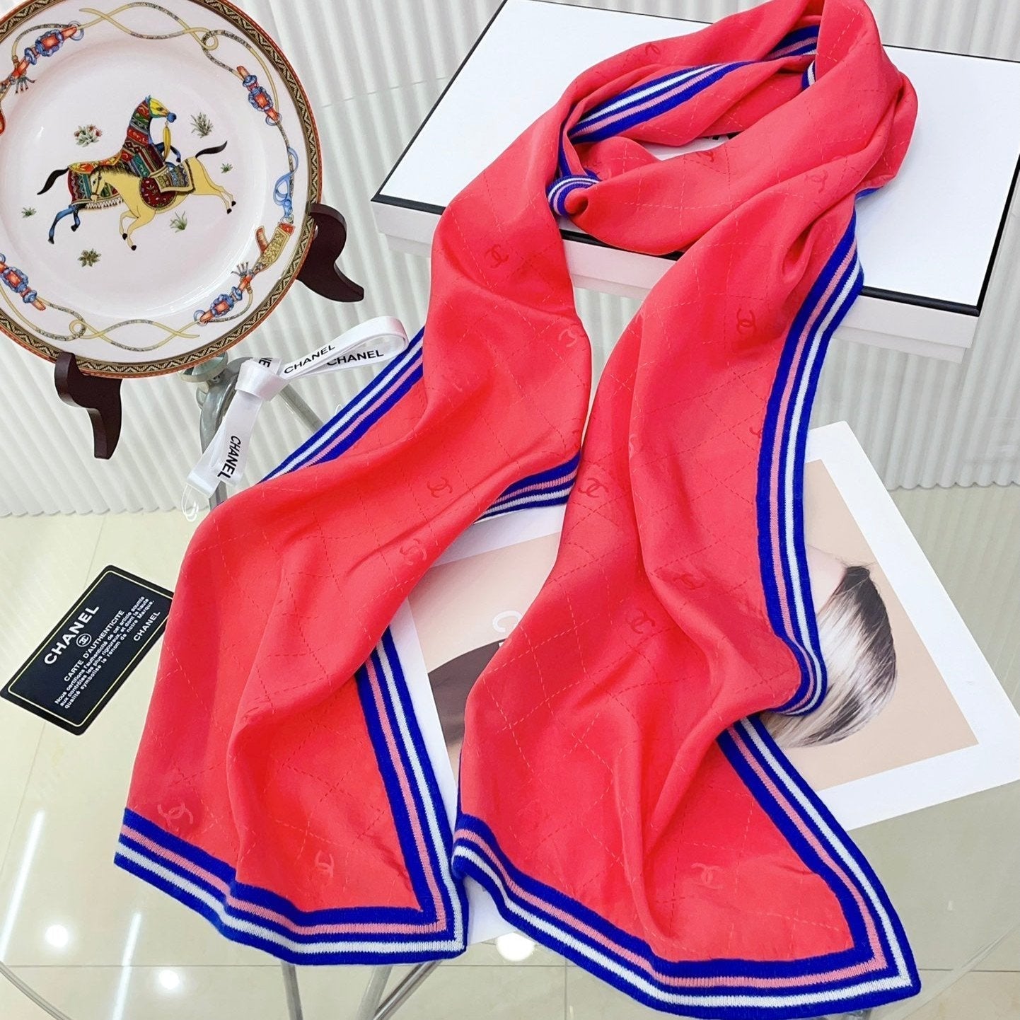 CC Scarf 200 CM In Red Mix Blue Silk 357901