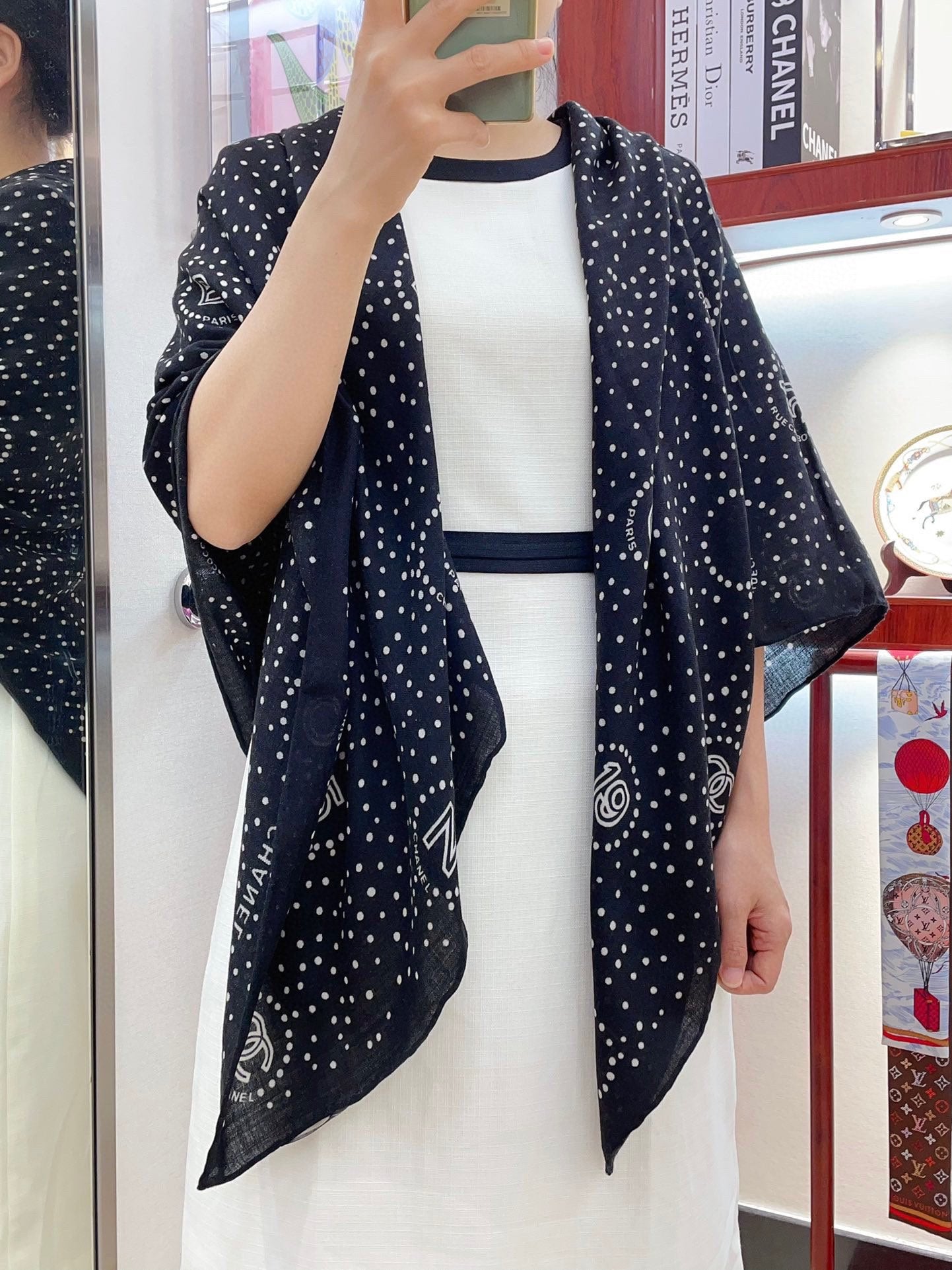 CC Square Scarf 140 CM In Black Mix White Cashmere And Silk  398280