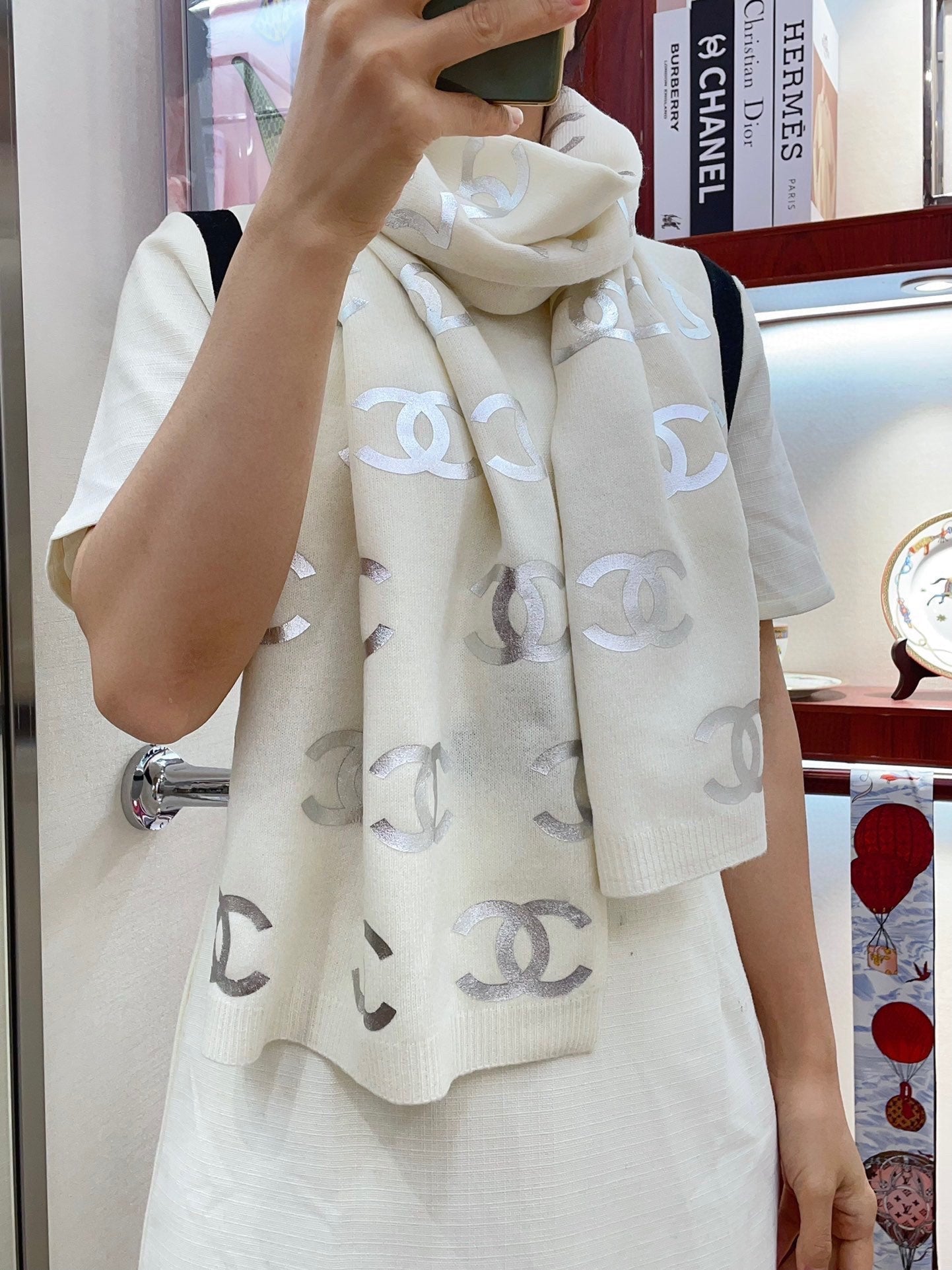 CC Scarf 190 CM In White Logo Print Cashmere  401169