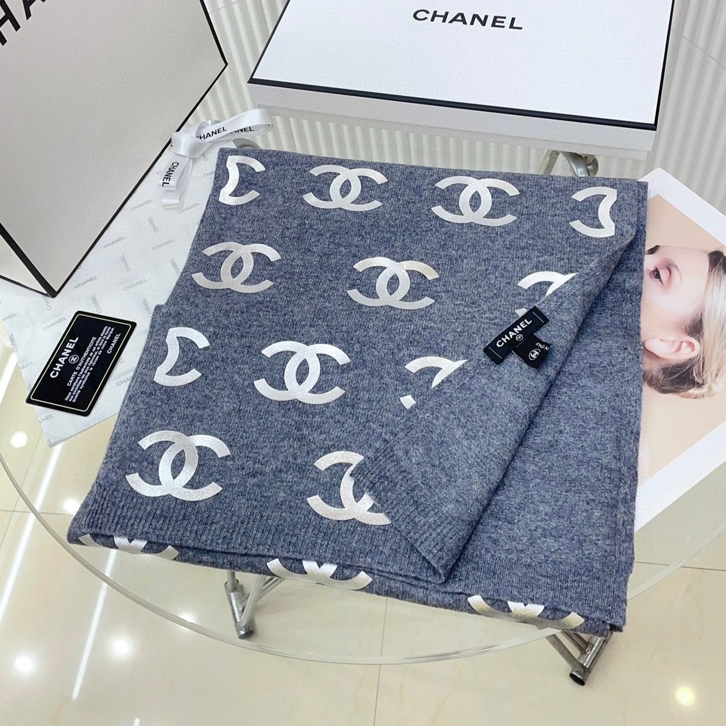CC Scarf 190 CM In Grey Logo Print Cashmere 401170