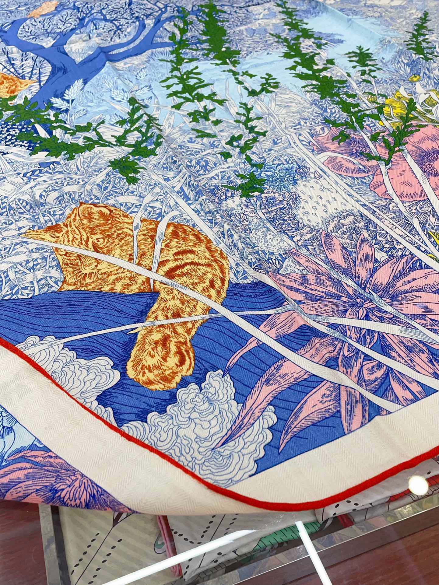 Retour A La Nature Shawl 140CM In Dakr Blue Colorful Cashmere And Silk