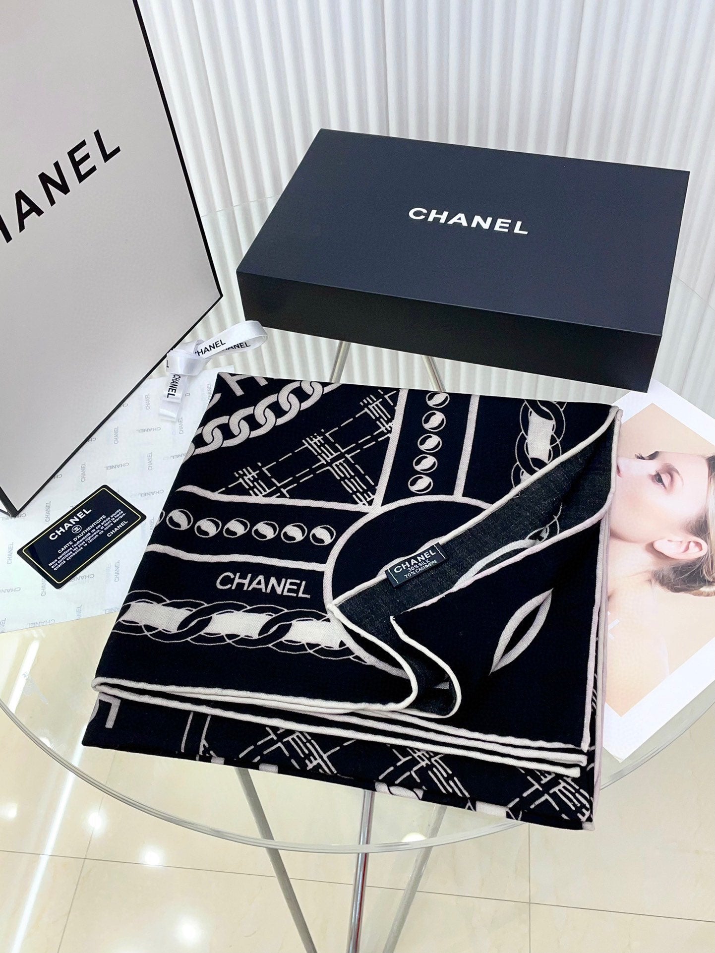CC Square Scarf 140 CM In Black Mix White Cashmere And Silk 407280