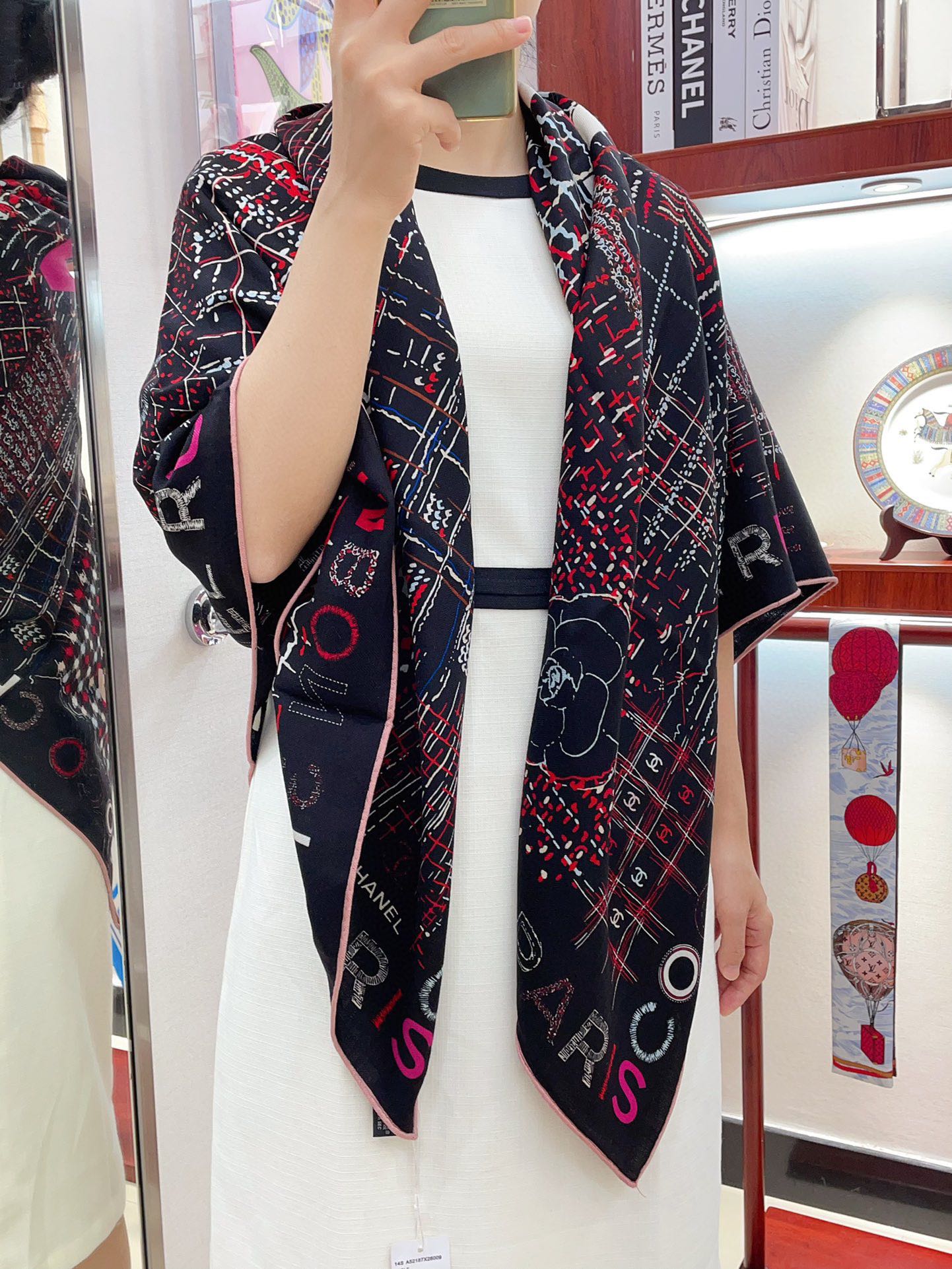 CC Square Scarf 140 CM In Black Colorful Cashmere And Silk 411594