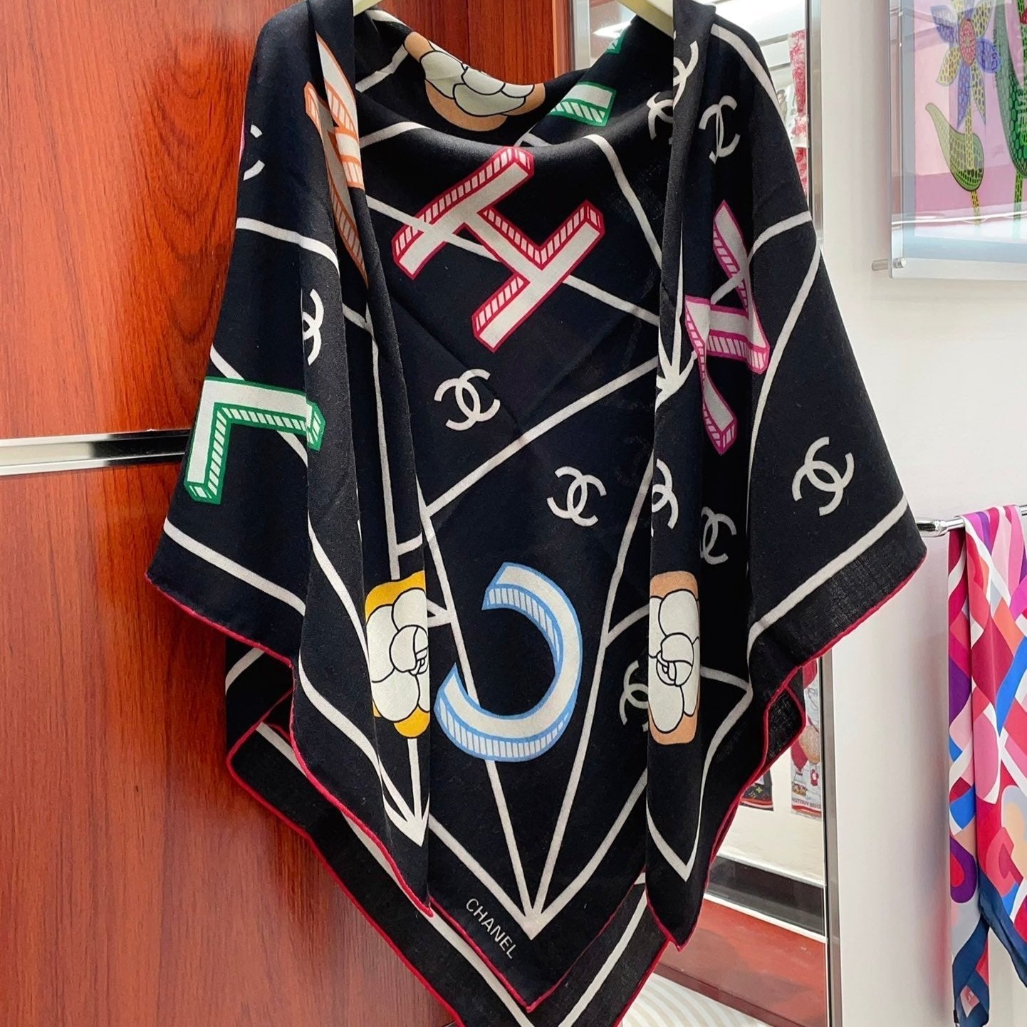 CC Square Scarf 140 CM In Black Colorful Cashmere Silk 418209