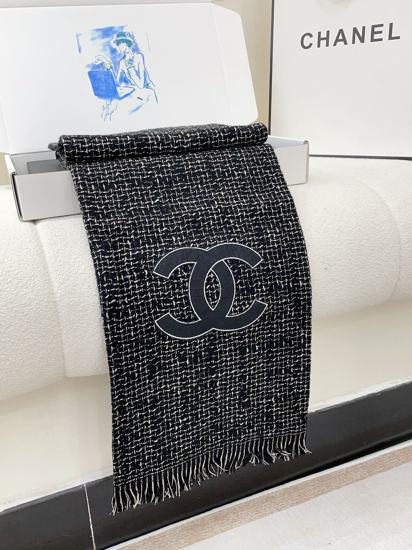 CC Scarf 190 CM In Black Mix White Cashmere 421407