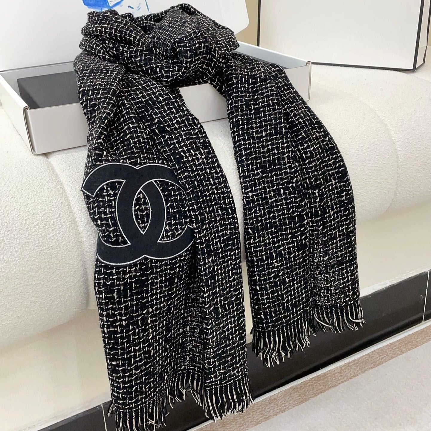 CC Scarf 190 CM In Black Mix White Cashmere 421407