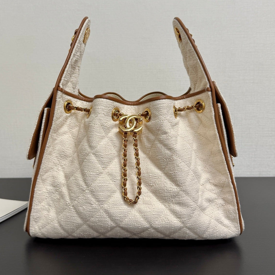 Chanel 2026 Hobo Bag Cream Brown Canvas Leather
