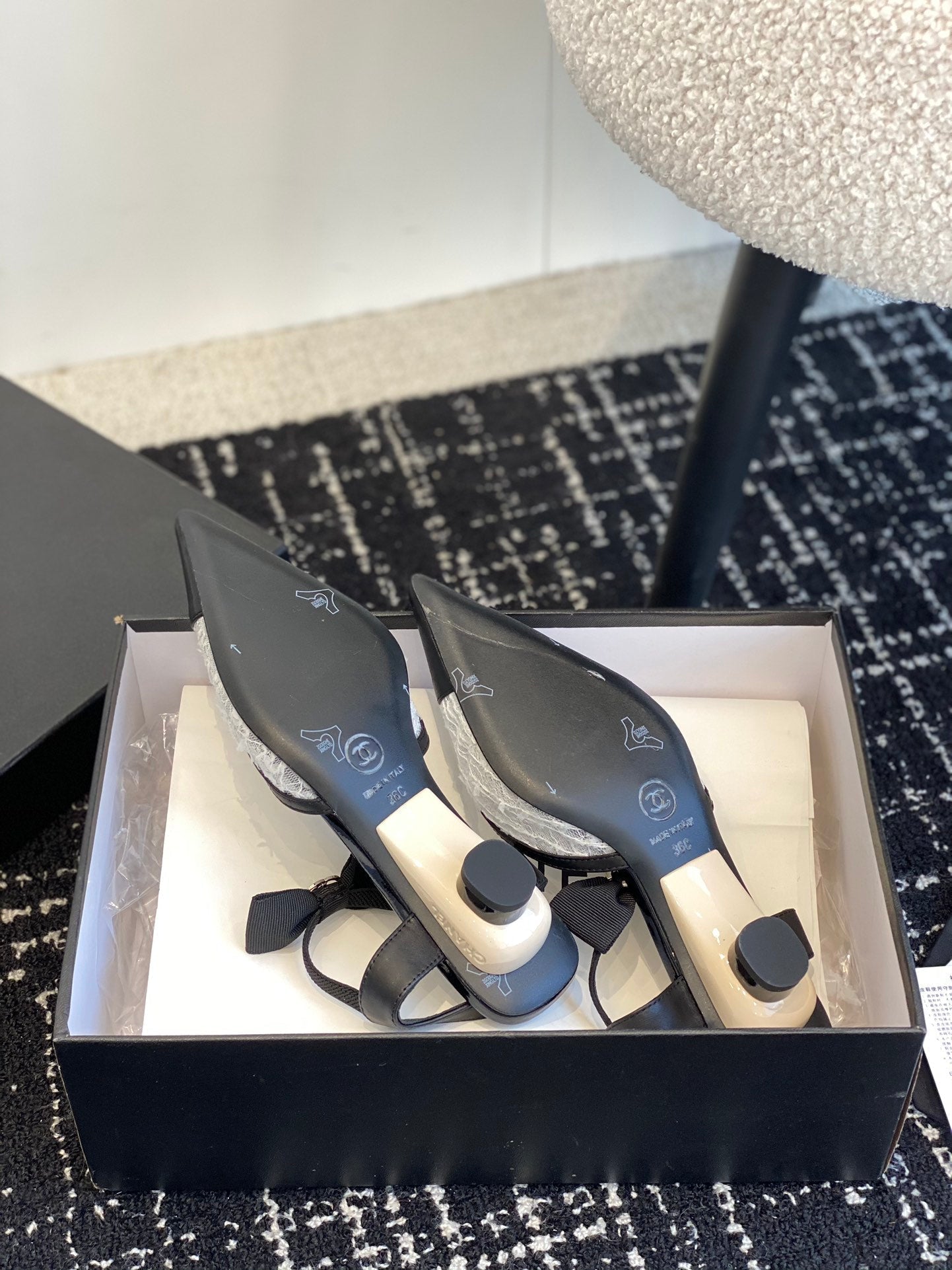 slingbacks 45 white tweed black lambskin