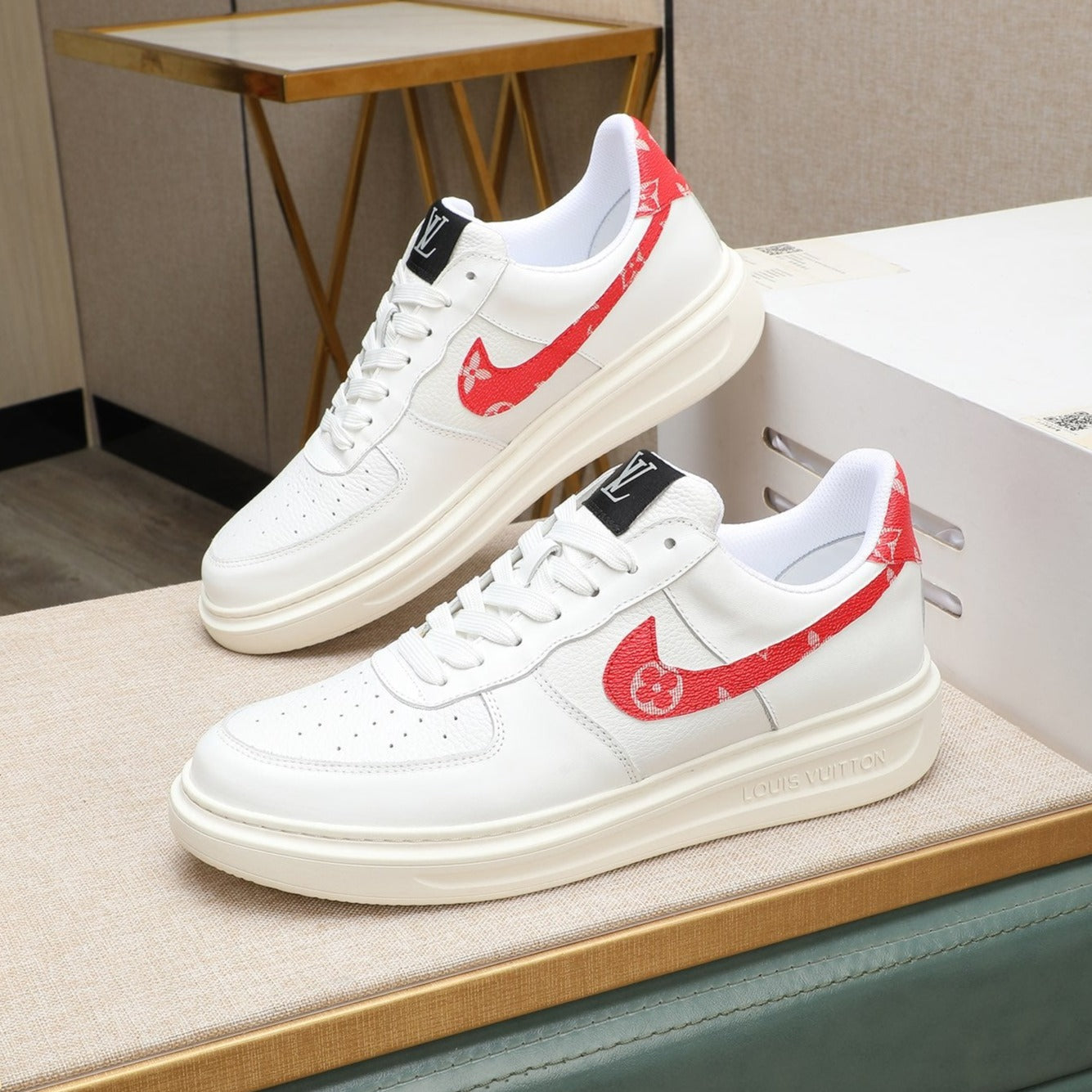 LV AIR FORCE 1 GLOSSY WHITE CALFSKIN WITH RED MONOGRAM LOGO
