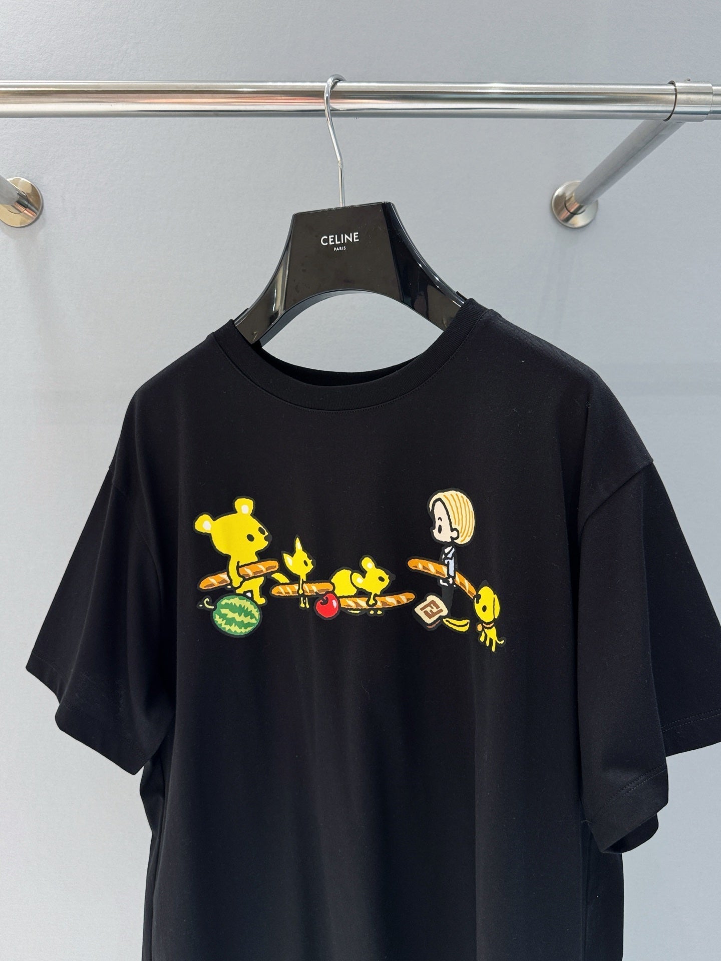 Fendi 25 Baguette Print Round Neck Short Sleeves Black Cotton