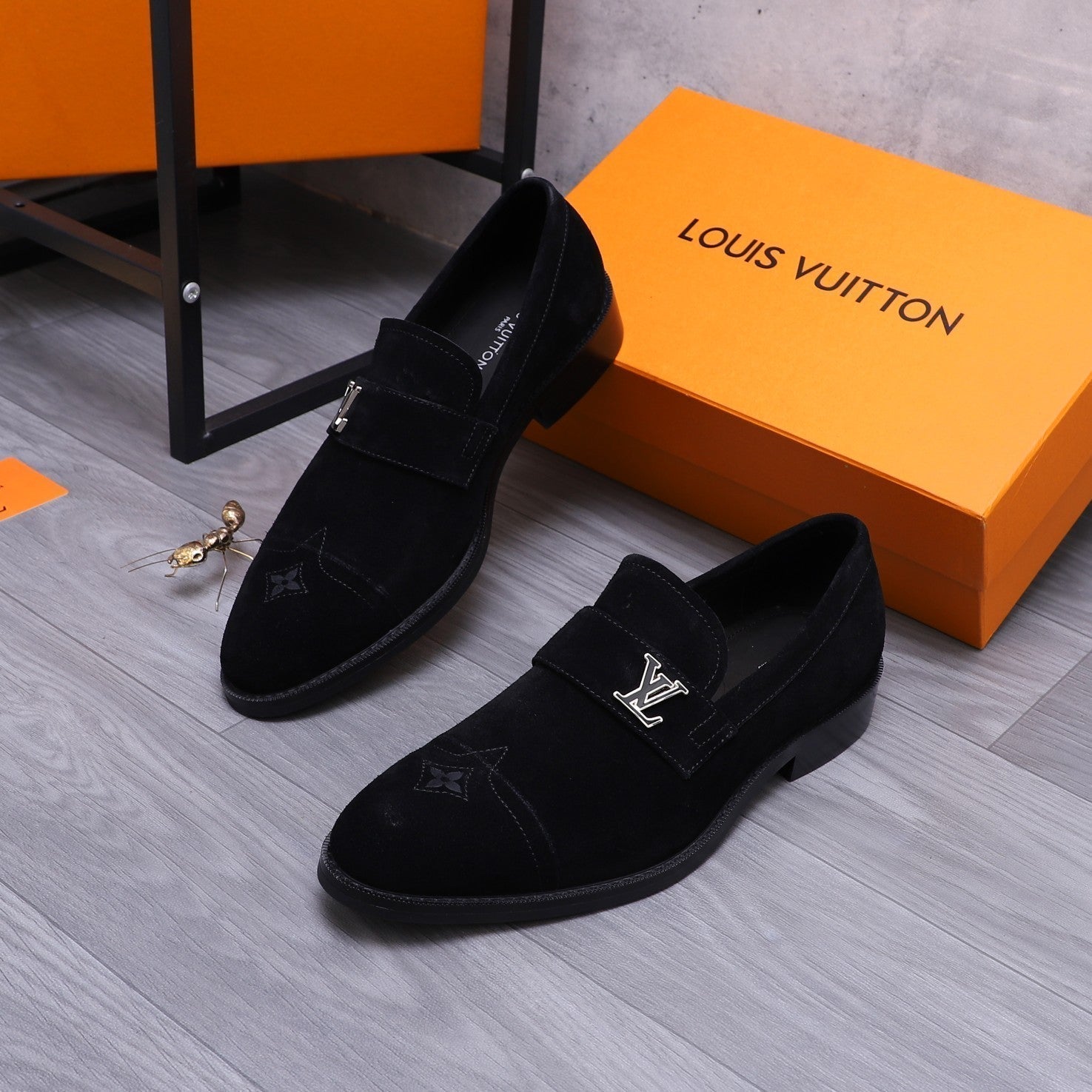 LV LOAFERS IN BLACK SUEDE CALFSKIN WITH SILVER LOGO