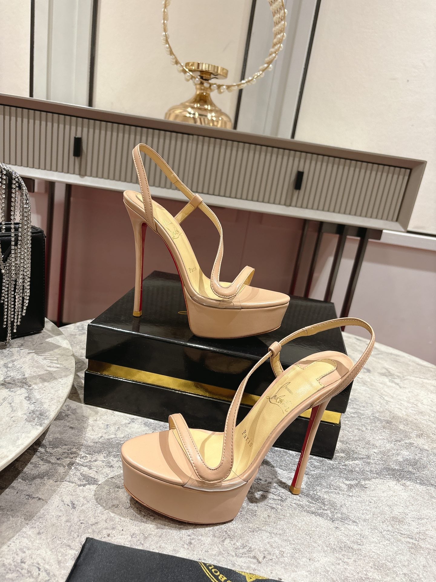 CL Rosalie Alta Sandal 150mm Nude Red Leather 272349