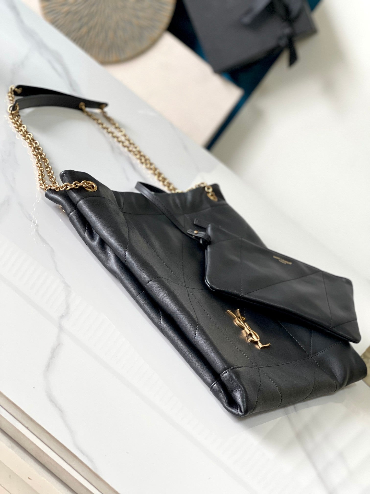 YSL 2026 Saint Laurent Puffer Tote Bag 33cm Black Calfskin