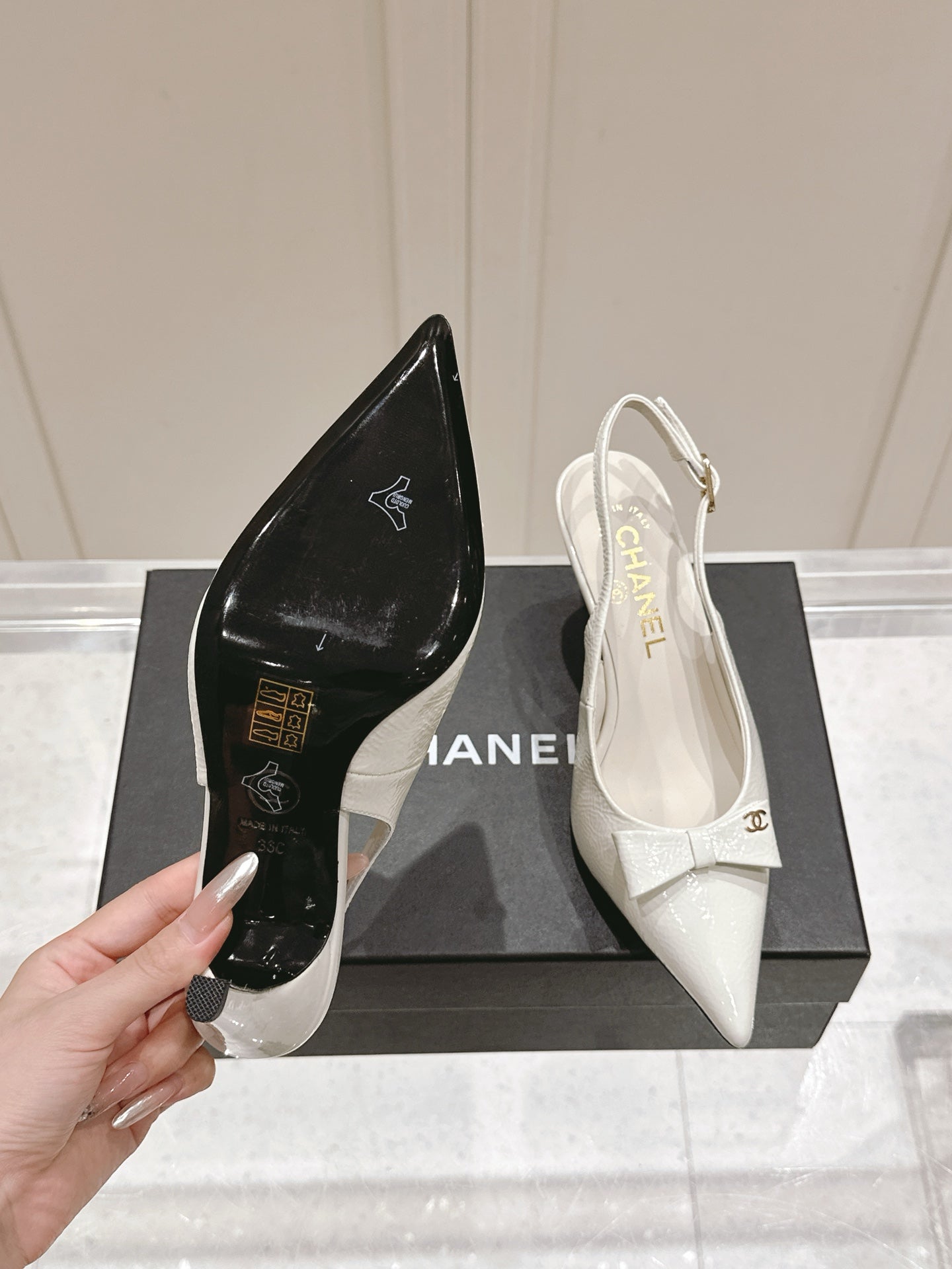 Chanel 25A Slingback White Patent  Calfskin 393072