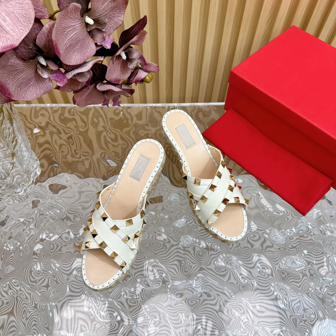 Rockstud Crisscross Espadrilles 80mm Sandal Wedges White
