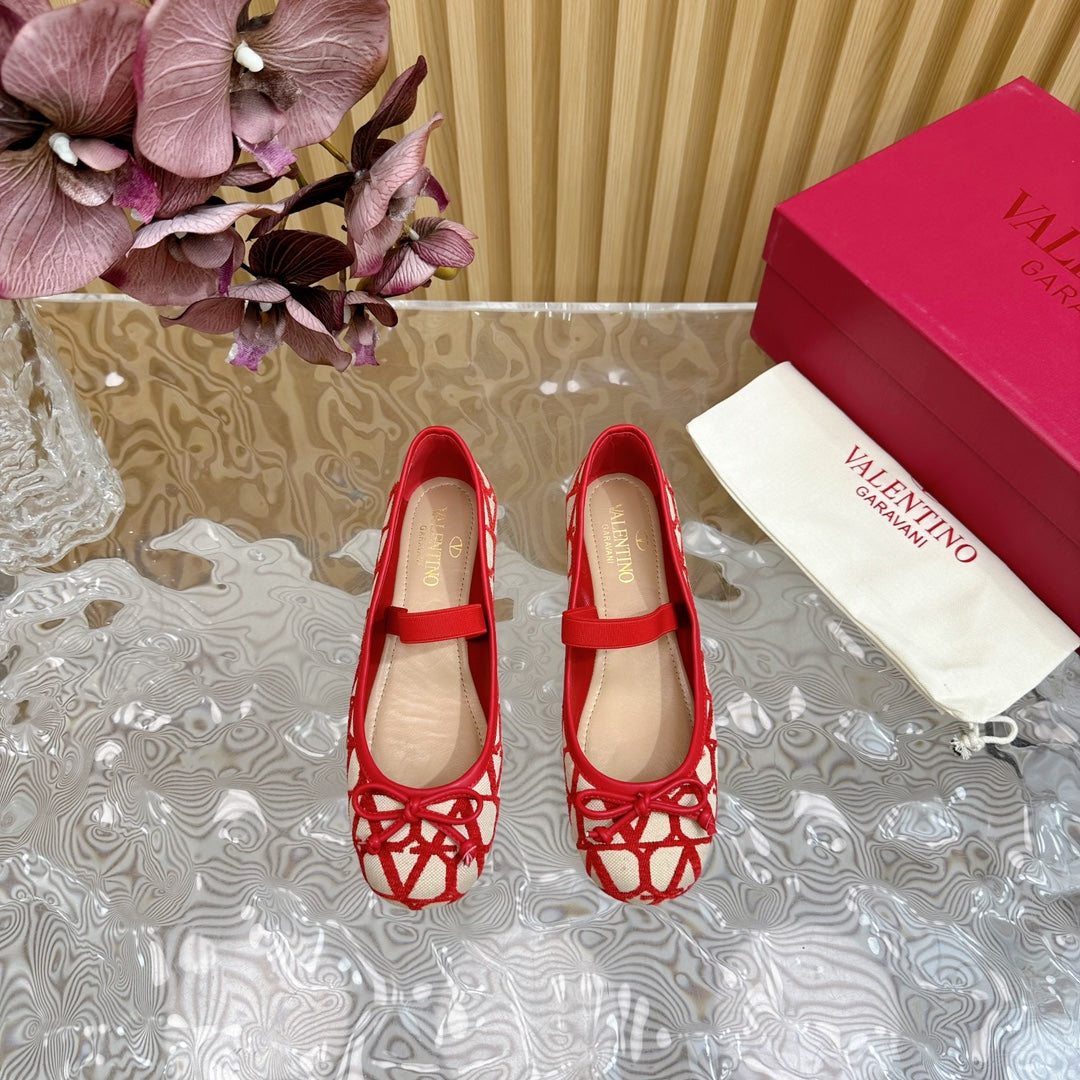 Ballerina In Toile Iconographe 20mm In Red Mix Beige Cotton Canvas And Lambskin 102832