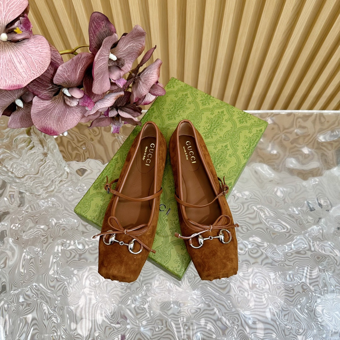 Ballet Flat In Bronze Brown Suede With Silver Hardware