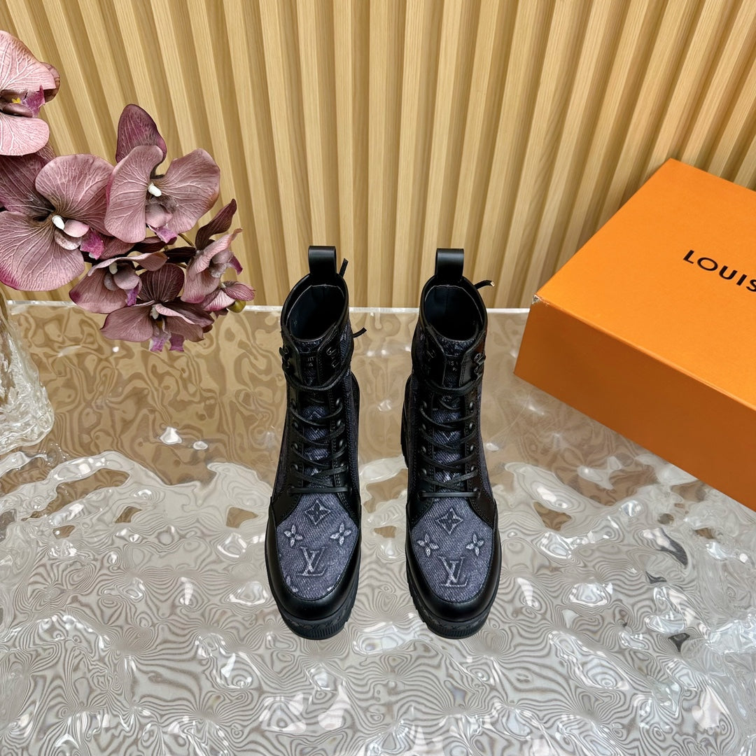 LV Laureate Platform Desert Boot 70mm Blue Black Monogram Jacquard Fabric