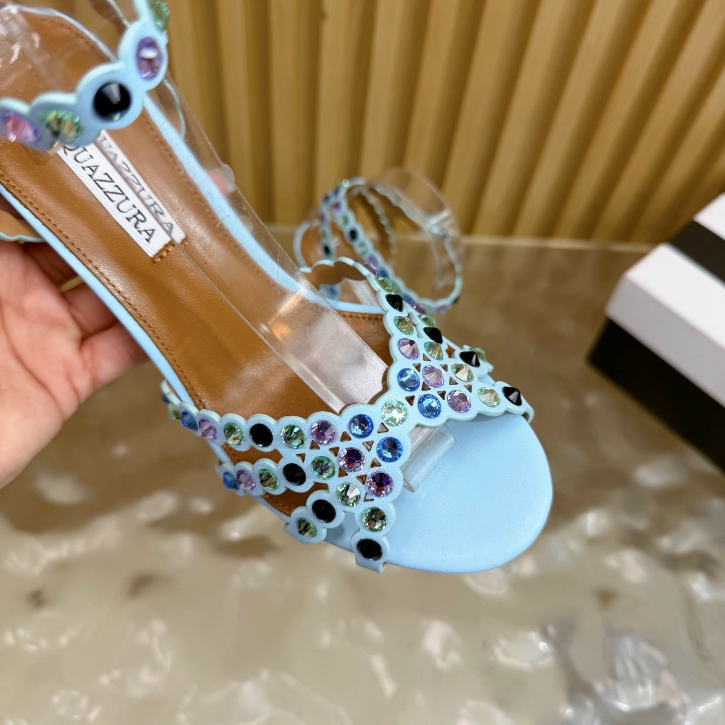 Aquazzura 2026 Tequila Crystal-embellished Sandal 105mm Blue Sheepskin 697684