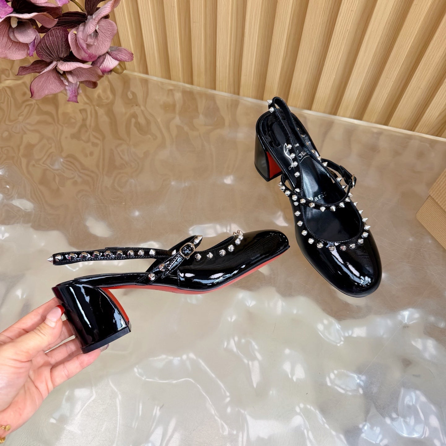 Christian Louboutin 2026 Janispikes 55mm Mary Jane Pumps Patent Leather 698239
