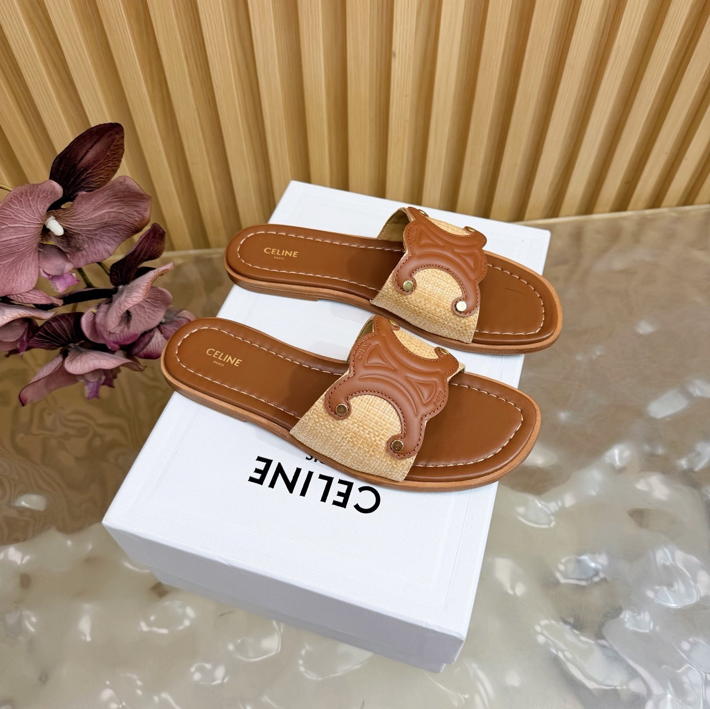 Celine 26  Triomphe Slide Sandals Leather 749443