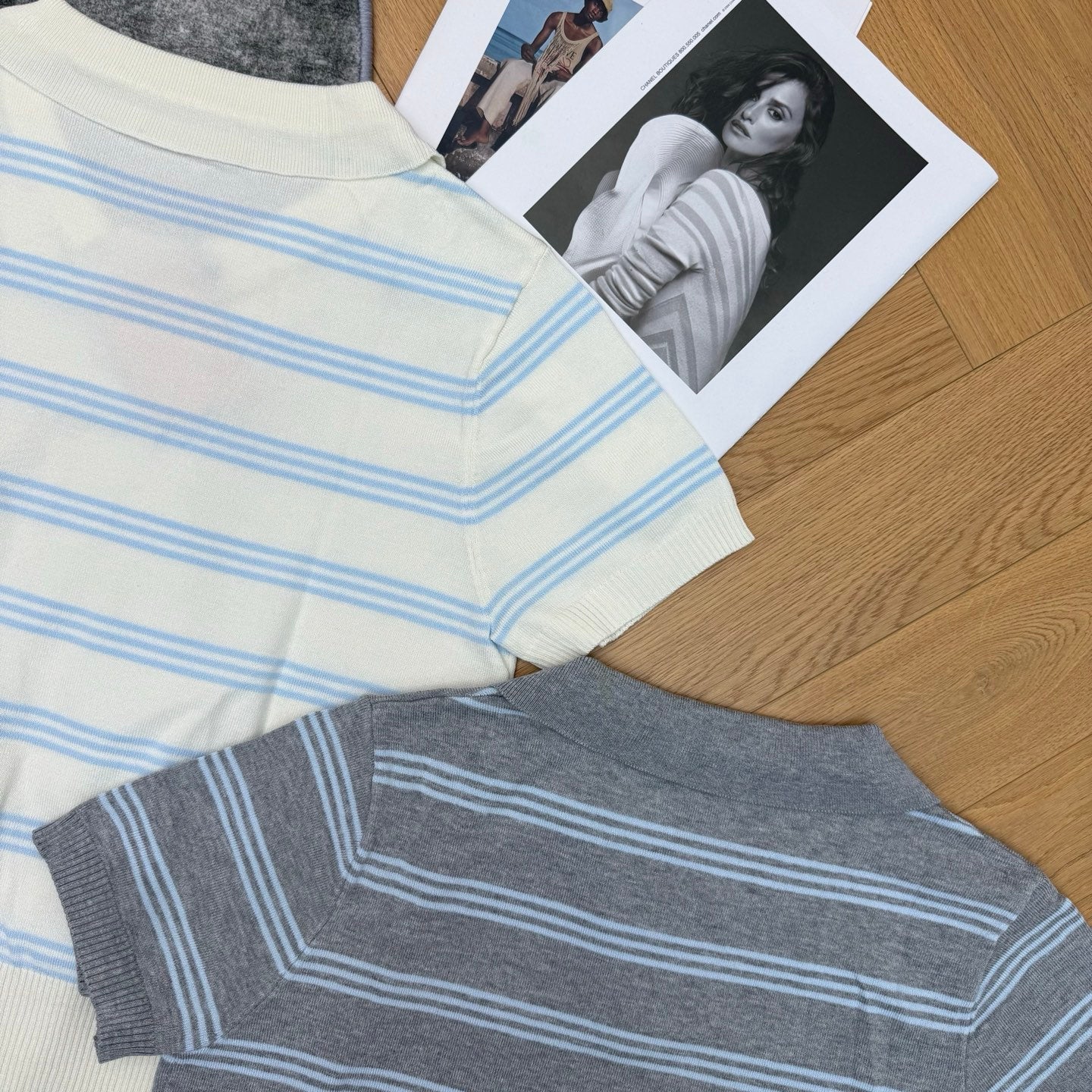 Miumiu 2026 Striped Knit Polo Shirt Features Light Blue Stripes