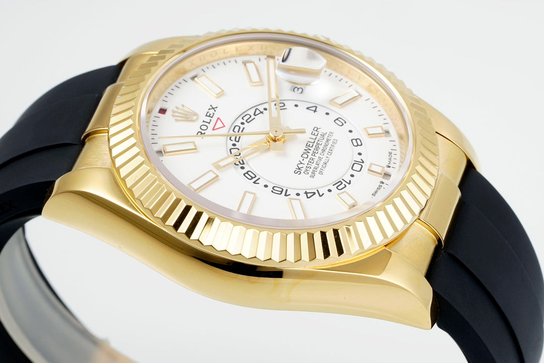 Rolex Sky-Dweller 42mm Gold Case White Dial Rubber Strap