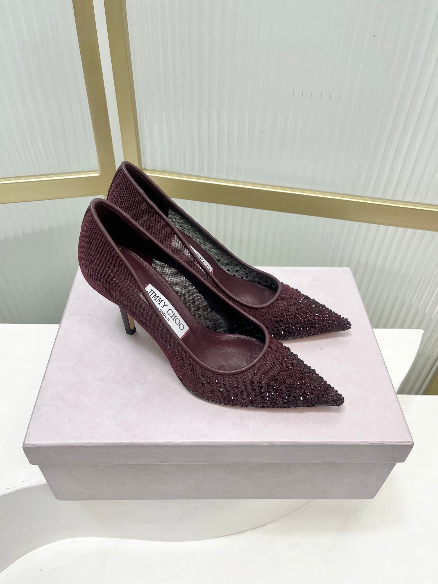 Jimmy 26s High Heels 85 Burgundy Rhinestones Mesh Sheepskin 605982