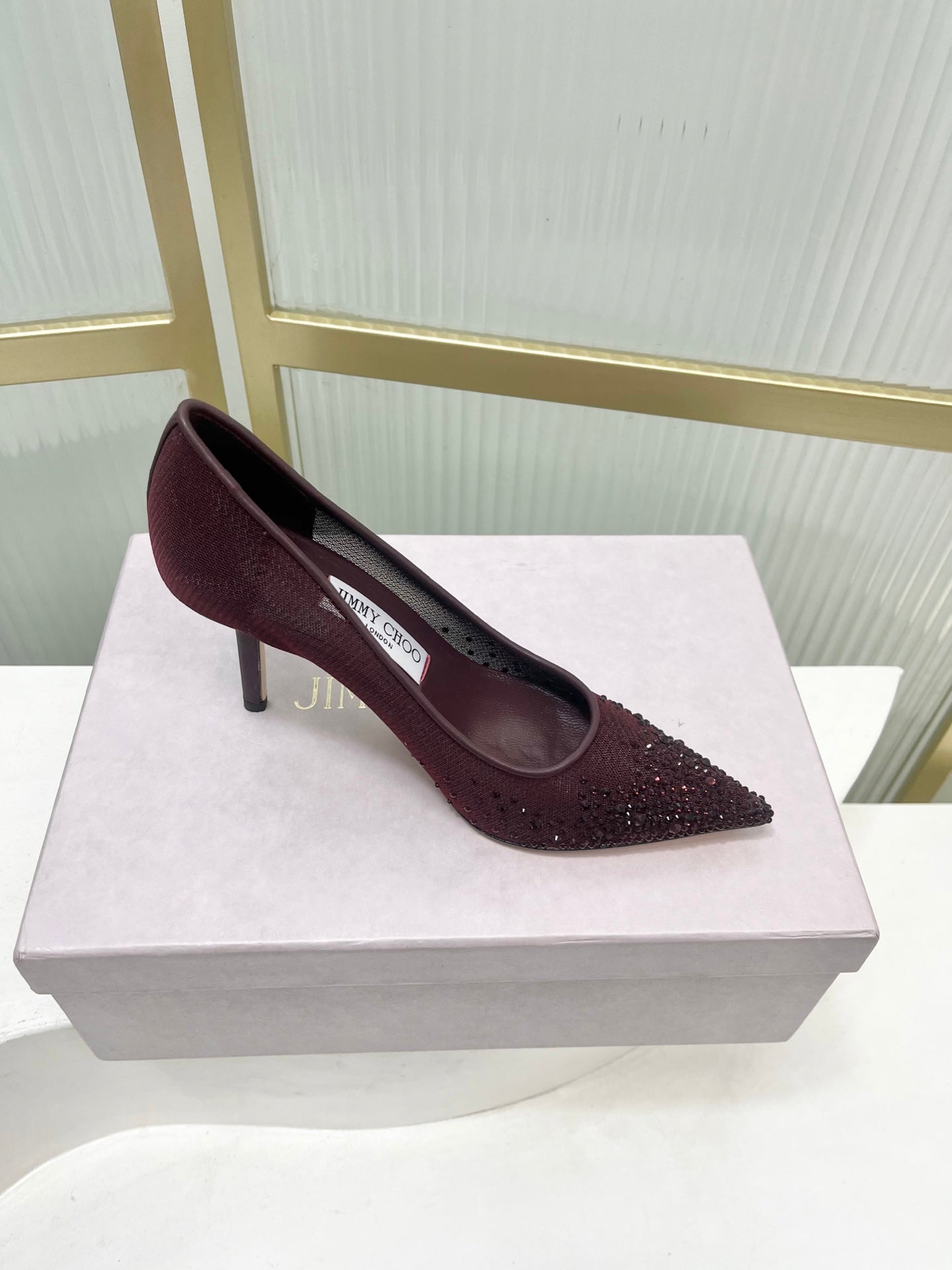 Jimmy 26s High Heels 85 Burgundy Rhinestones Mesh Sheepskin 605982