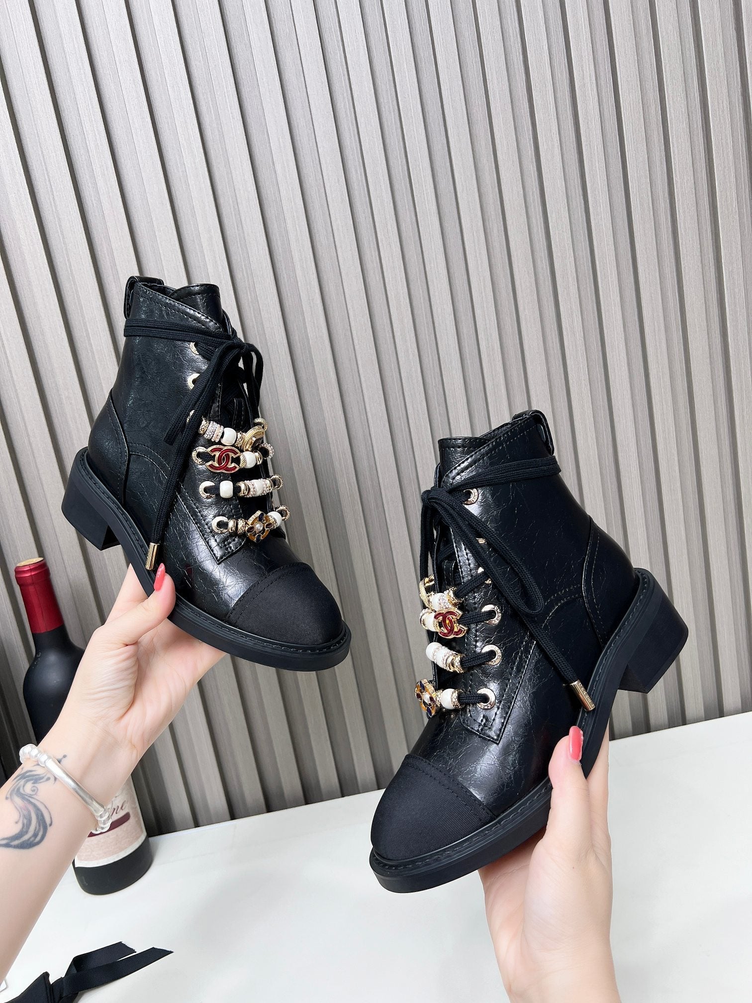 CC Combat Boots 50mm Black Glossy Calfskin And Lycra Fabric 944549