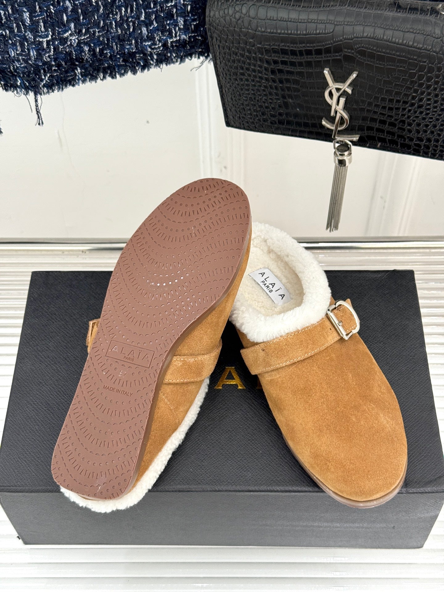 Alaia 25WF slippers belt buckle caramel brown suede wool 472229